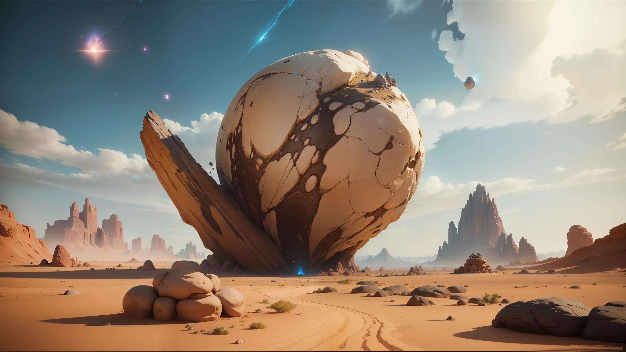 there is a large rock in the middle of a desert, unreal engine 5 showcase, cosmic fantasy, kaladesh, video game screenshot>, trending on unreal engine 5, from arknights, organic liquid metal, by Daren Bader, multiverse portal, the energy of dreams, muspelheim, phobos --auto --s2
