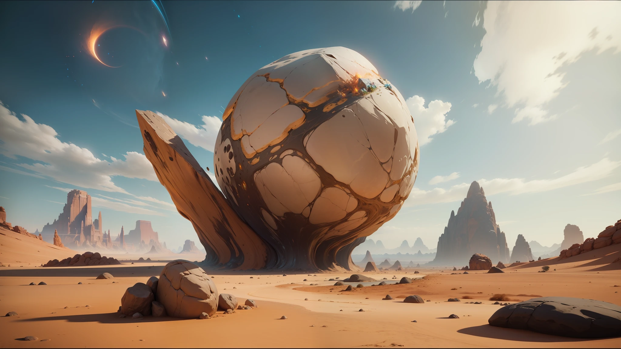 there is a large rock in the middle of a desert, unreal engine 5 showcase, cosmic fantasy, kaladesh, video game screenshot>, trending on unreal engine 5, from arknights, organic liquid metal, by Daren Bader, multiverse portal, the energy of dreams, muspelheim, phobos --auto --s2