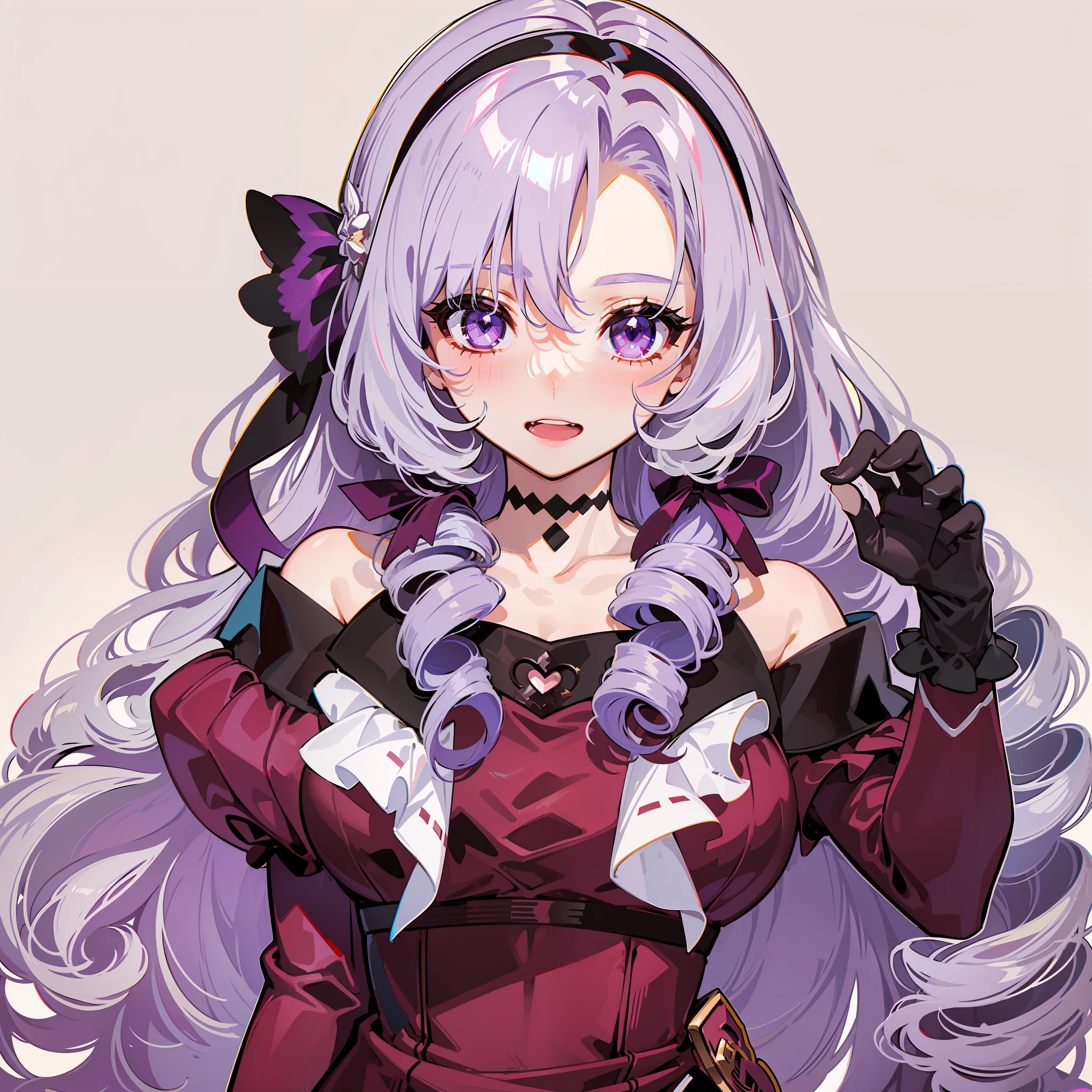 Solo, Long hair, Chest, Drill hair, Twin Drill, Gloves, Dress, Purple eyes, Eye stars, Garter straps, Red dress, Hair band, Look at viewer, Smile, White background, Purple hair, Cleavage, Bangs, Black gloves, Tattoo on chest, Ribbon, Bare shoulders, Blushing, Simple background, Open mouth, Purple hair ribbon on the right side, Lilac hair, long sleeves, detached sleeves, off-shoulder dress, nail ring, black hair band, off-shoulder, collarbone, parted bangs, masterpiece, top quality, photorealistic, 3D, shiny_skin, shiny_hair, dynamic angles, beautiful detailed shine, HDR, Rembrandt lighting, colorful refraction, lens flare, bloom, film reflection, chromatic aberration, light diffusion, public obscenity, cowboy shot, deep meaning, physically based rendering, bright, vibrant, complex,