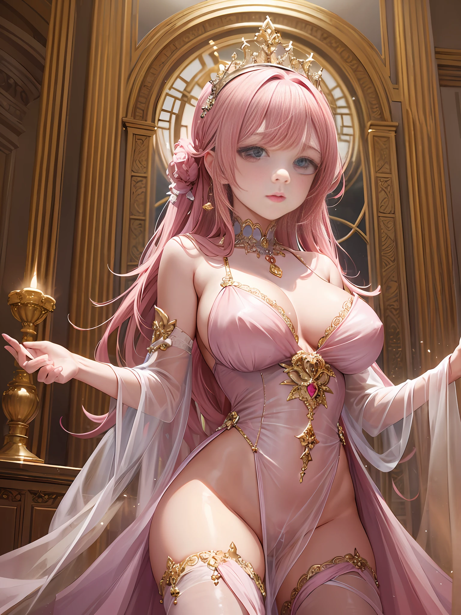 High quality, 1girl, looking at the audience, temperament elegant queen, open legs, urine exposed, standing, pink jewelry, exposed private parts, hair accessories, pink transparent gauze dress, big breasts