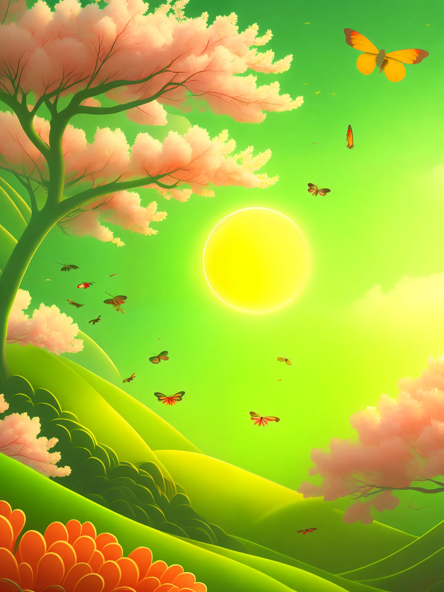 A red sun is placed in the center, and below it is a tender green willow tree, whose branches curve upwards, forming a curve that shows that spring has just begun. In the lower left corner of the poster is a bee flying towards a blooming cherry blossom, and in the lower right corner is a colorful butterfly resting on a tender yellow dandelion. The whole poster is based on fresh and bright green tones, conveying the spring atmosphere of vitality and revival of all things, high-definition details, hyper-details, noise illustration, Chinese elements, with good particle-like texture, cinematic light effects, deep field focus bokeh, ray tracing, vector art