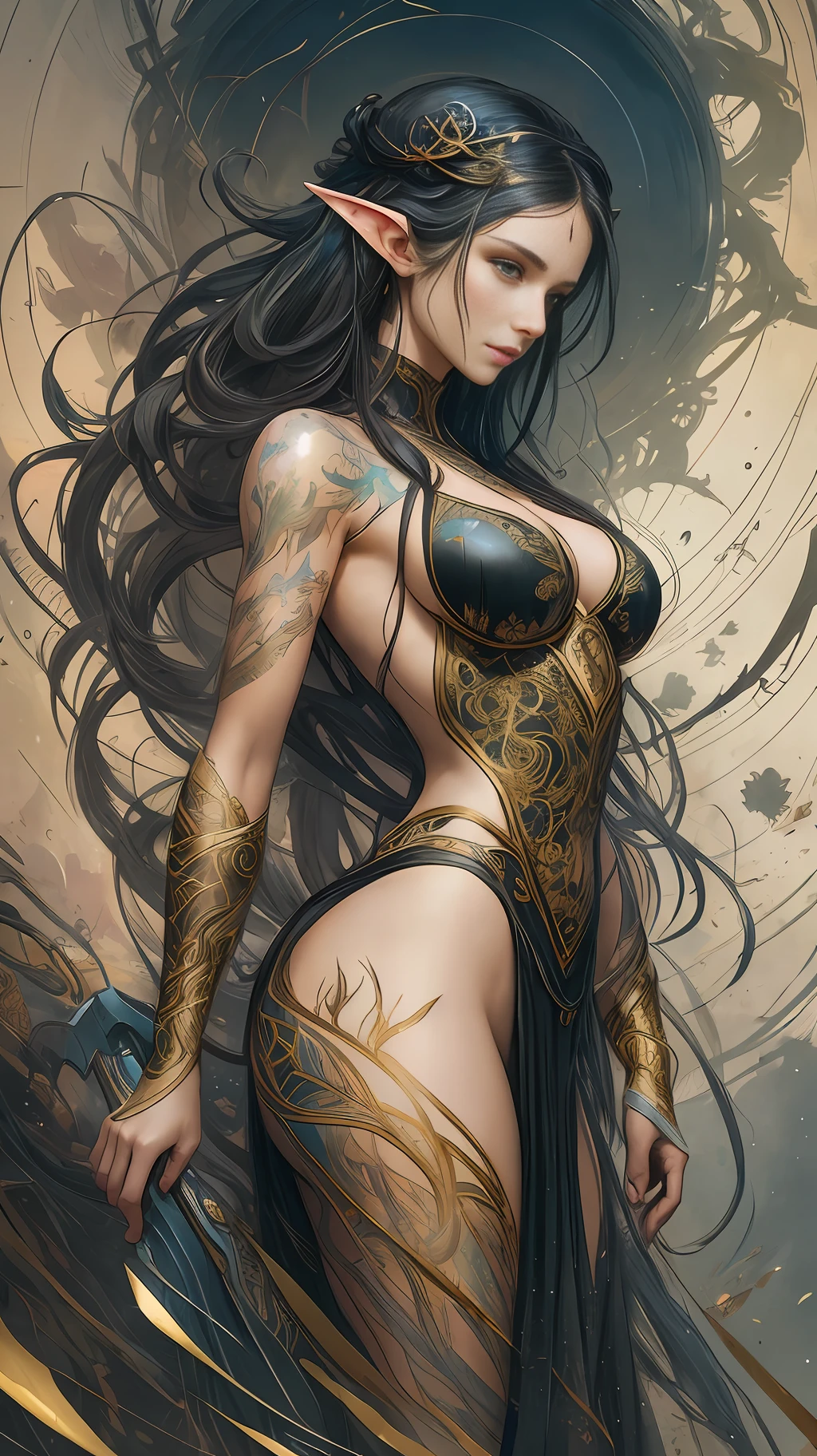 a beautiful full figure painting of perfect female elf woman, shapeless long hair, black hair, white hair, huge mammaries, perfect features, wearing Rococo style dress, art by Carne Griffiths and Wadim Kashin and John William Waterhouse, Concept art, ethereal background, abstract beauty, near perfection, pure form, Golden Ratio, minimalism, unfinished, concept art, By Brian Froud and Carne Griffiths and Wadim Kashin and , intricate detail, 8k post-production, High resolution, super Detail, art station Trends, sharp focus, studio photos, intricate detail, Very detailed, By Greg Rutkowski --auto --s2