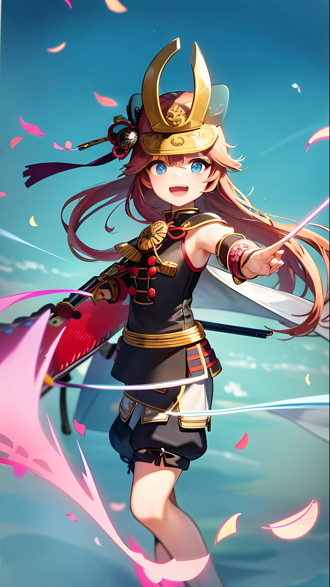 (heterochromia, light blue eyes and light green eyes: 1.8), "Kyoto Animation" style anime illustration, highest quality, (cute: 1.1), (cute), (high resolution: 1.2), incredibly ridiculous: 1.3, incredibly fine illustrations, Japan, Sengoku period, girl, red helmet, armor, samurai in the style of "Sanada Yukimura", ( kawaii: 1.5), loli, Nagano, Ueda Castle, front, angle from below, Nioh standing, full body, cute girl, solo, standing figure, holding in both hands Japan sword, :d, masterpiece, best quality, absurdity, high resolution, official art, (cute: 1.8), ((chibi character: 1.5)), (pink braid, cute hair ribbon), serious face, big, show-off, background white