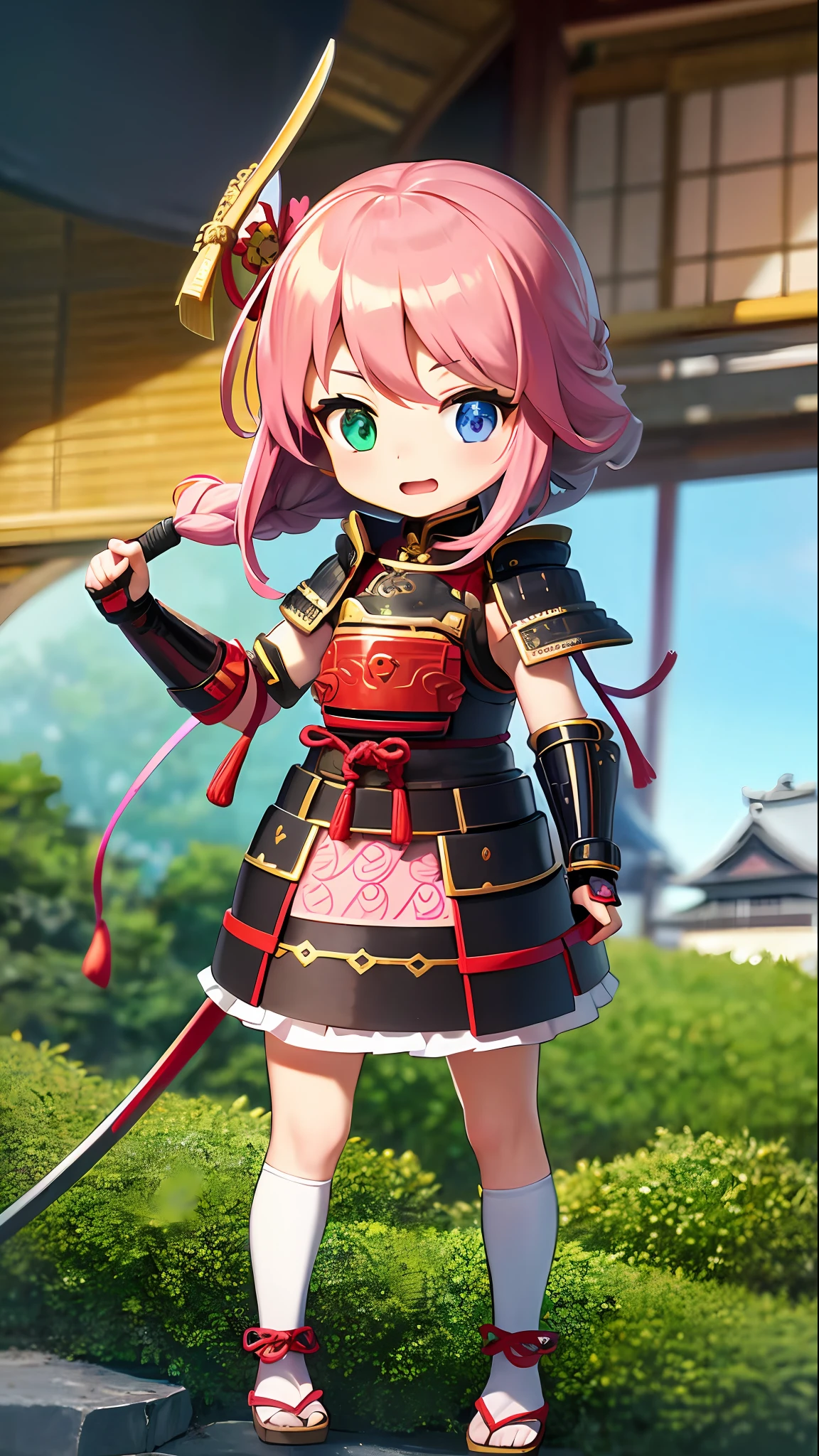 (heterochromia, light blue eyes and light green eyes: 1.8), "Kyoto Animation" style anime illustration, highest quality, (cute: 1.1), (cute), (high resolution: 1.2), incredibly ridiculous: 1.3, incredibly fine illustrations, Japan, Sengoku period, girl, red helmet, armor, samurai in the style of "Sanada Yukimura", ( kawaii: 1.5), loli, Nagano, Ueda Castle, front, angle from below, Nioh standing, full body, cute girl, solo, standing figure, holding in both hands Japan sword, :d, masterpiece, best quality, absurdity, high resolution, official art, (cute: 1.8), ((chibi character: 1.5)), (pink braid, cute hair ribbon), serious face, big, show-off, background white