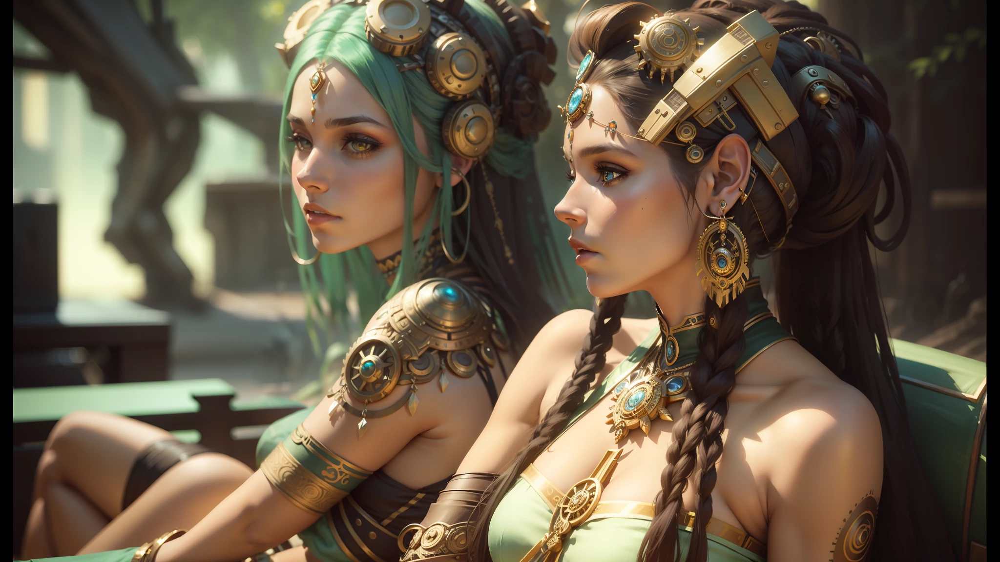 there are two women in costumes sitting on a bench, trending on artstation 4k, tribal jewelry, beautiful futuristic hair style, beautiful female druid, beautiful gemini twins, steampunk gears, realistic cinematic shot, (art station), goddess jewelry, psytrance --auto --s2