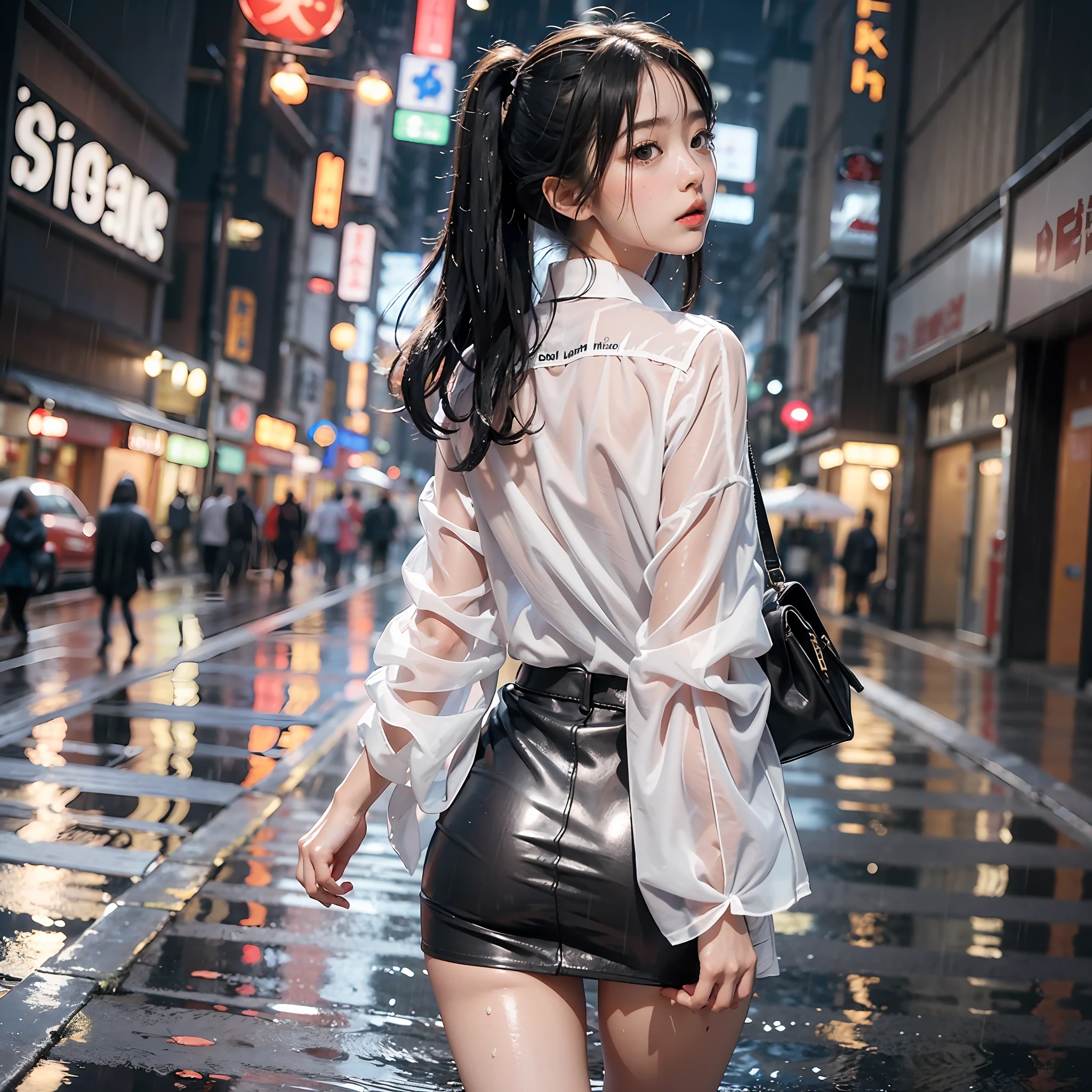 8k, RAW photo, top quality, masterpiece, young cute Japan girl walking on the street in the city in the rain, big, beautiful long legs, shirt is wet in the rain and skin is transparent, white shirt, high heels, the street is wet and reflective from the rain, (facing back and sticking out buttocks)