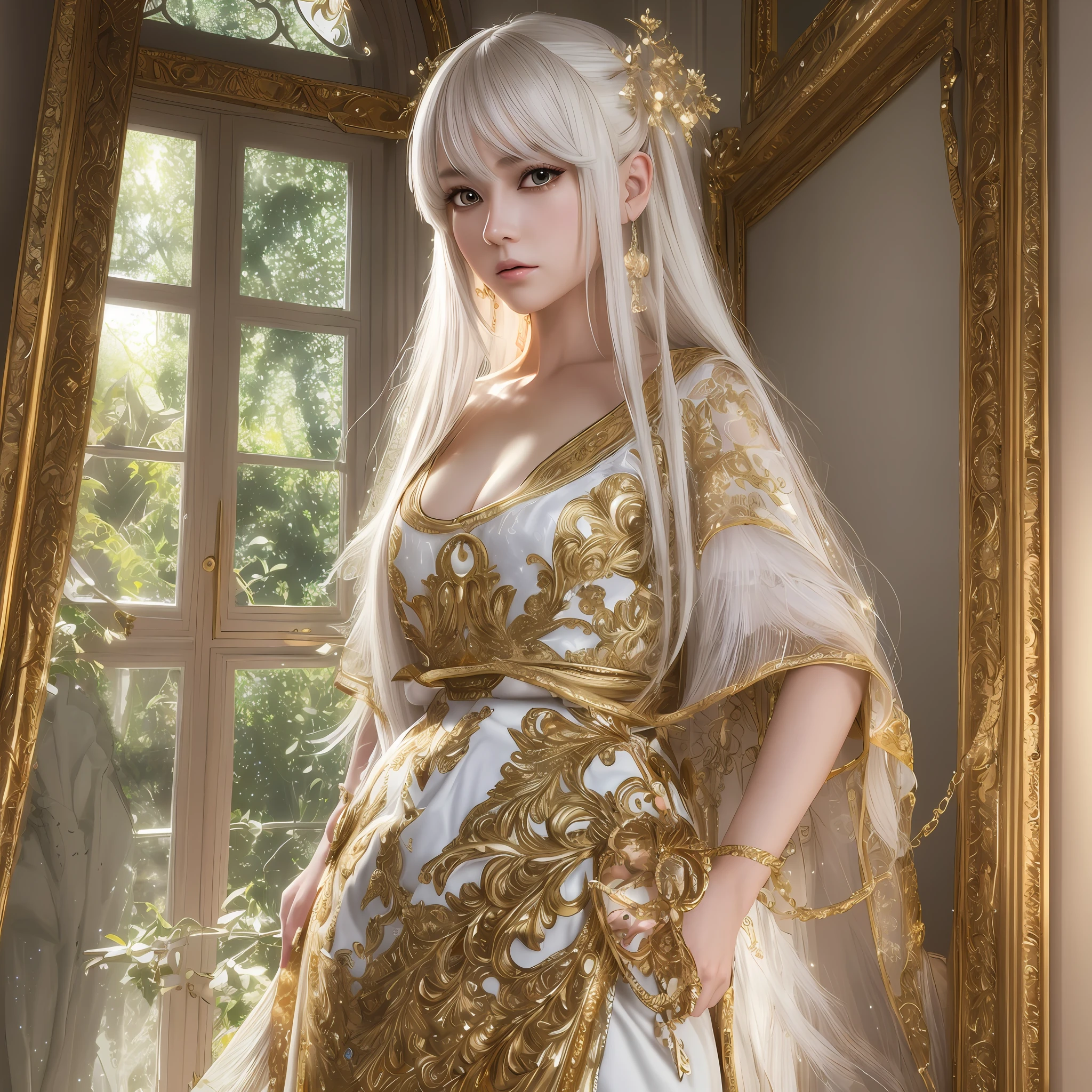 high resolution, best quality, masterpiece, very high image quality, ultra-detailed, hyperrealistic, 3d, anime, illustrations, fantasy, solo, very Beautiful woman with gentle seductive calm face, white medium hair, high layer cut, mullet hair style, sparkling gold big eyes, perfect proportions, full body, feather robe, thin gold line embroidery