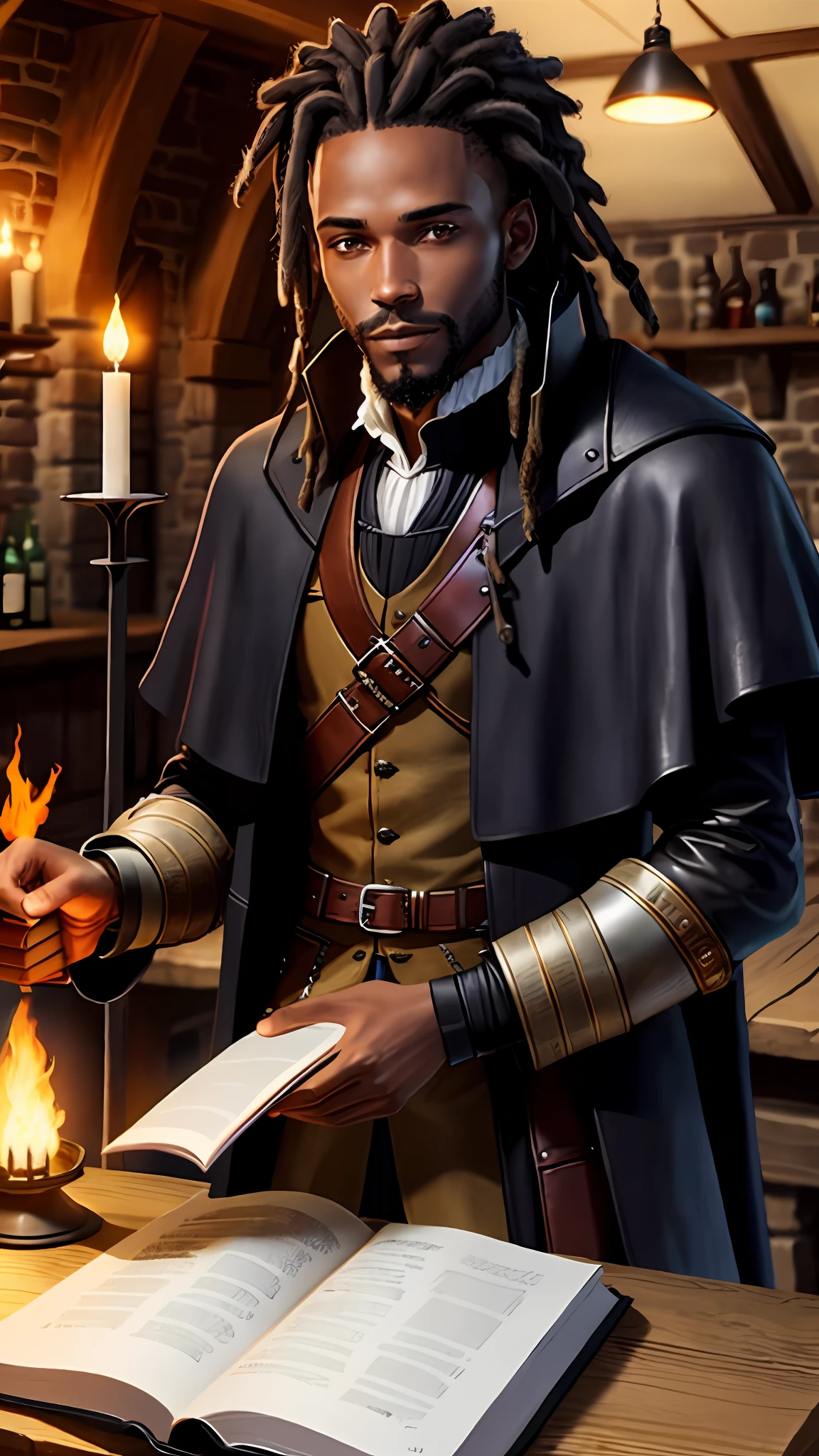 Solo, best quality, black man, short dreads, thin beard, wearing a matte black meeieval overcoat, medieval leather clothes, holding an open book with leather cover, looking at the viewer, incandescent flame in one hand, detailed medieval tavern background