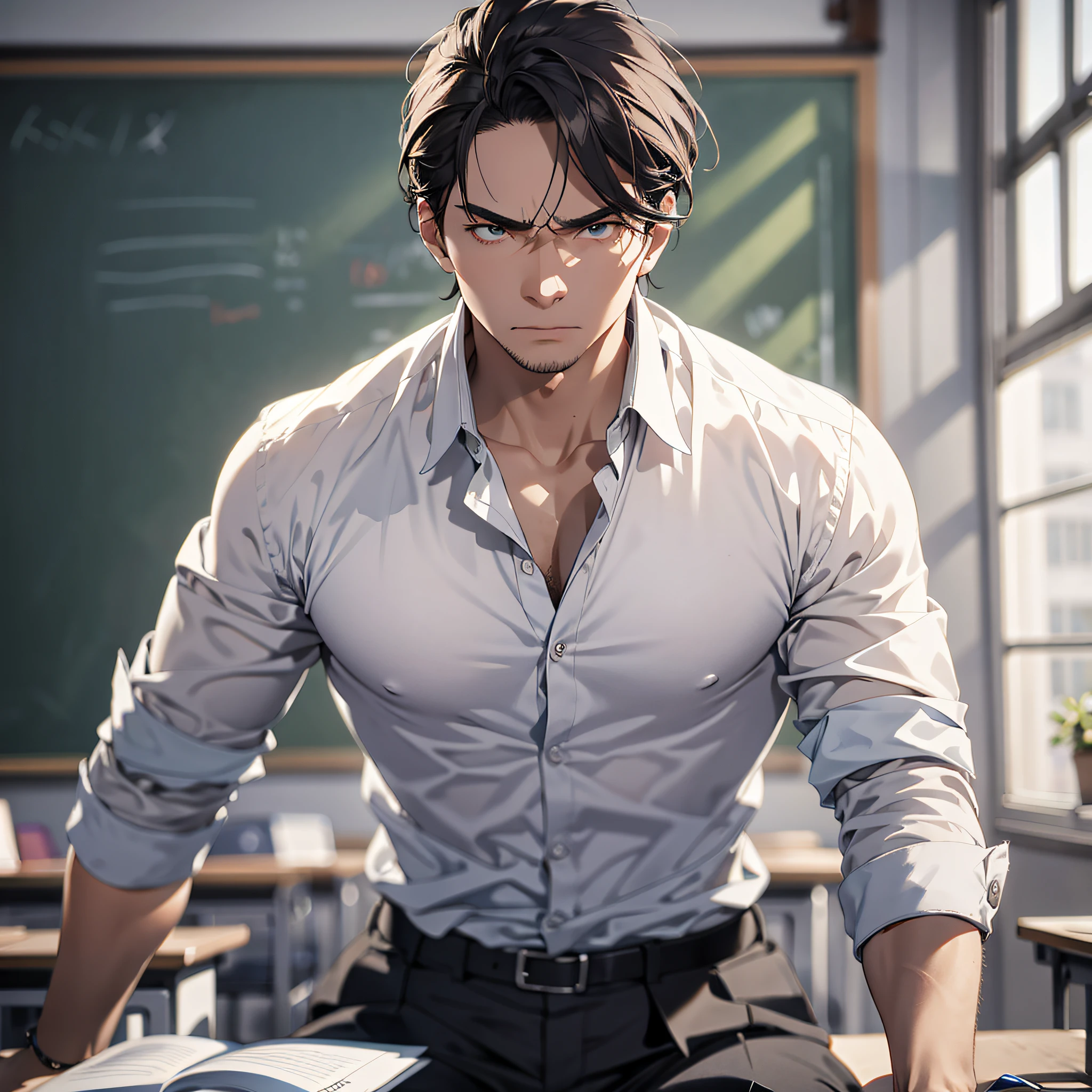 Absurd resolution, high resolution, (masterpiece: 1.4), hyperdetail, 1boy, face focus, mature man, teacher outfit, classroom, angry expression