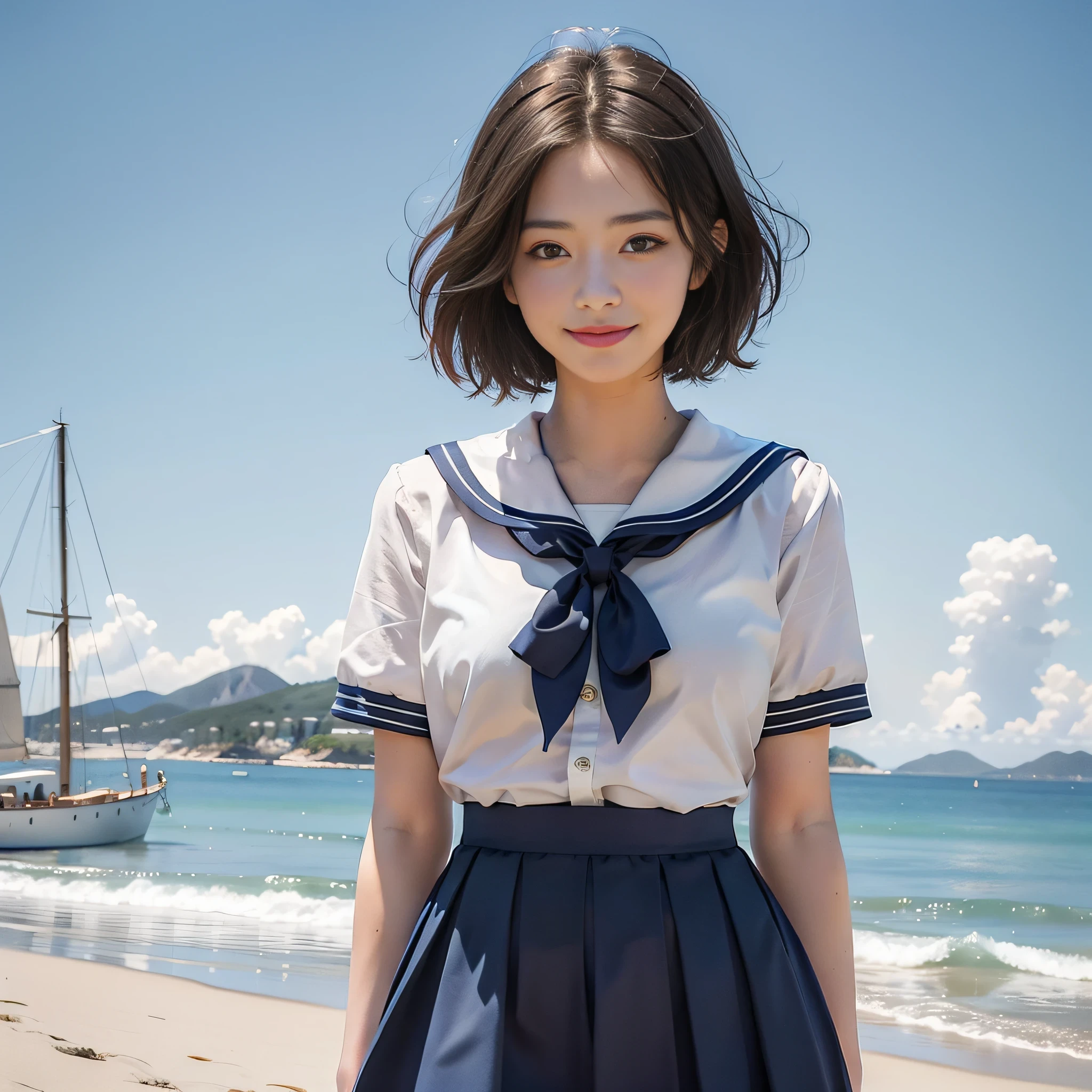 (8k, top quality, masterpiece: 1.2), (realistic, photorealistic: 1.37), super detailed, girl alone, cute, student, uniform, (sailor dress), dark blue skirt, beautiful detailed blue sky, sandy, standing, (blush), (smile: 1.2), (closed mouth), small, fine and beautiful eyes, (short hair: 1.2)