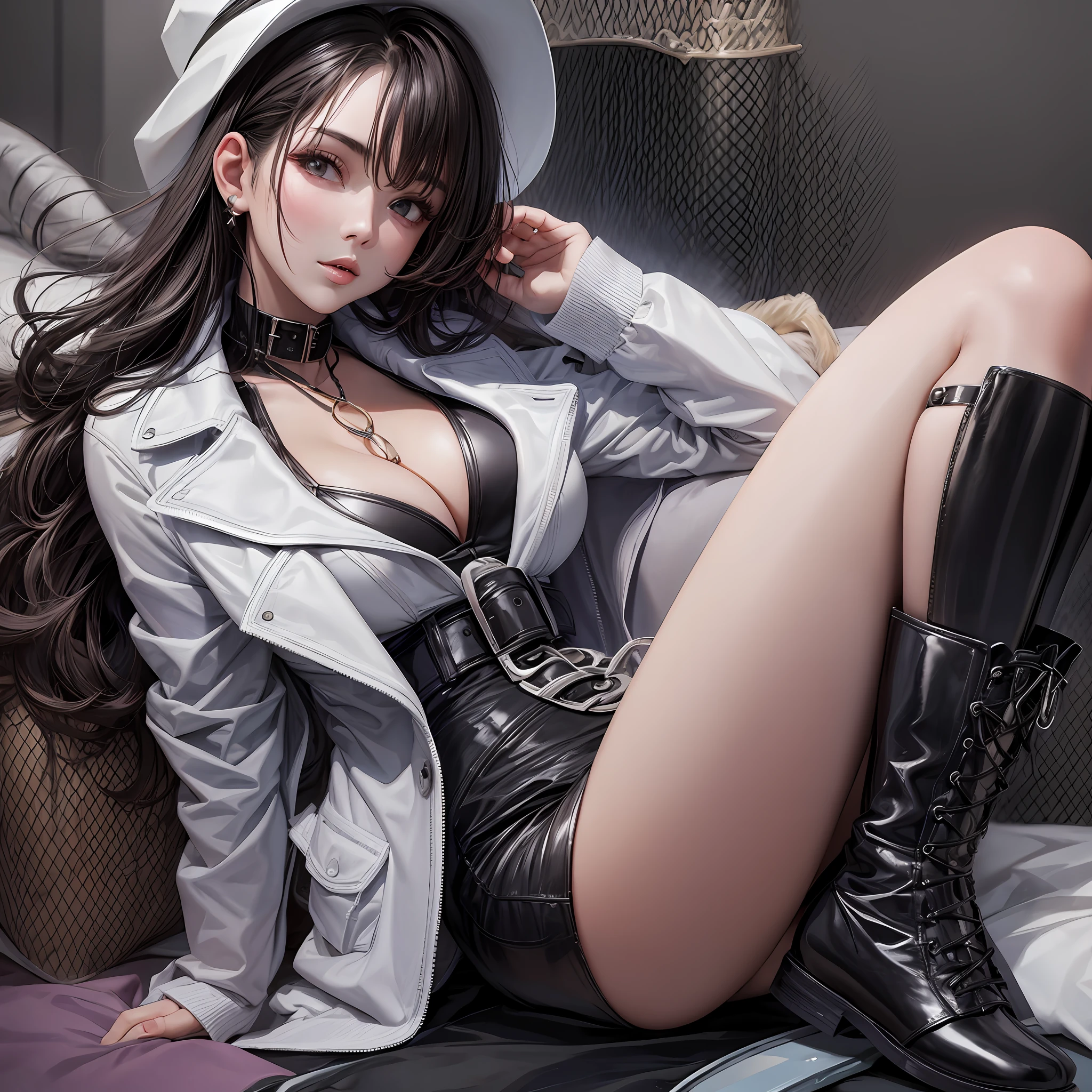 Best Quality Adult Women Clean Face Clean Skin Coat Big Breasts Cleavage Beautiful Legs Boots Necklace on Neck Shortcuts