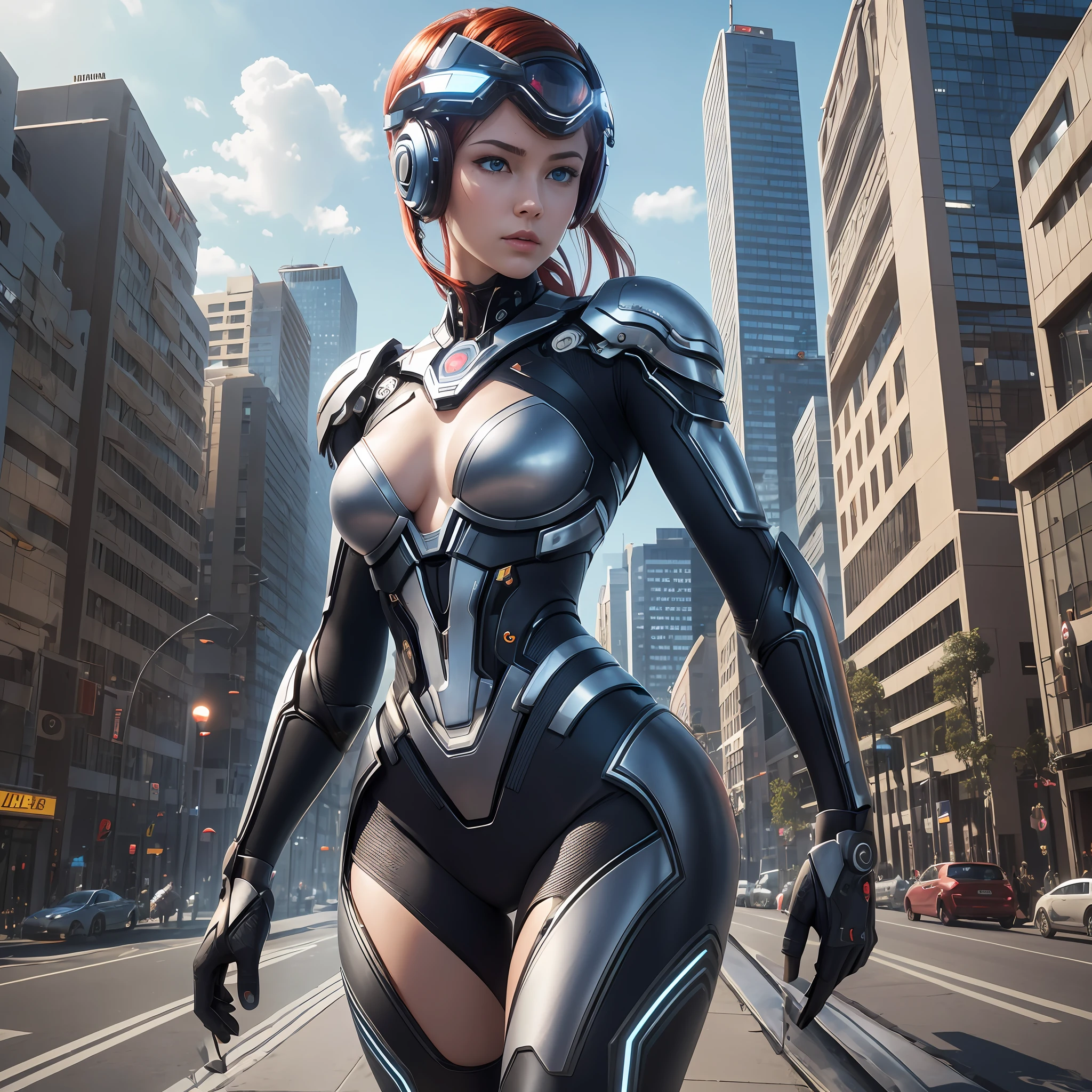 Create an ultra-realistic image depicting a young cyborg standing up, holding a bitten apple in her hand. The cyborg must have stunning blue eyes and vibrant red hair. Your body should be a perfect match between mechanical arms and a sexually attractive human structure, with all the details and realistic textures. The background of the image should present a futuristic aesthetic, with elements that refer to advanced technology. Add a large phrase in the background that says 'Apple', with the letters realistically illuminated, with shadows and reflections, standing out in the composition. The image should capture the perfect fusion between advanced technology and style, conveying a sense of innovation and modernity with incredible realism. --auto --s2