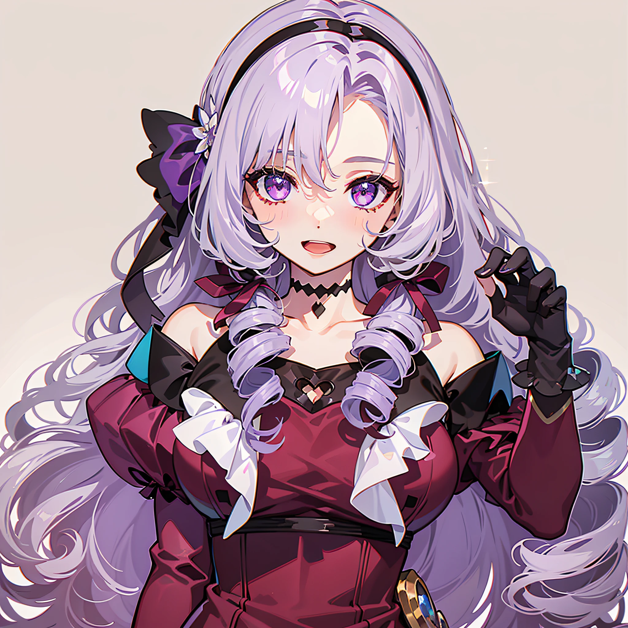Solo, Long hair, ?????, Drill hair, Twin Drill, Gloves, Dress, Purple eyes, Eye stars, Garter straps, Red dress, Hair band, Look at viewer, Smile, White background, Purple hair, Cleavage, Bangs, Black gloves, Tattoo on ?????, Ribbon, ???? shoulders, Blushing, Simple background, Open mouth, Purple hair ribbon on the right side, Lilac hair, long sleeves, detached sleeves, off-shoulder dress, nail ring, black hair band, off-shoulder, collarbone, parted bangs, masterpiece, top quality, photorealistic, 3D, shiny_skin, shiny_hair, dynamic angles, beautiful detailed shine, HDR, Rembrandt lighting, colorful refraction, lens flare, bloom, film reflection, chromatic aberration, light diffusion, public ?????????, cowboy shot, deep meaning, physically based rendering, bright, vibrant, complex,