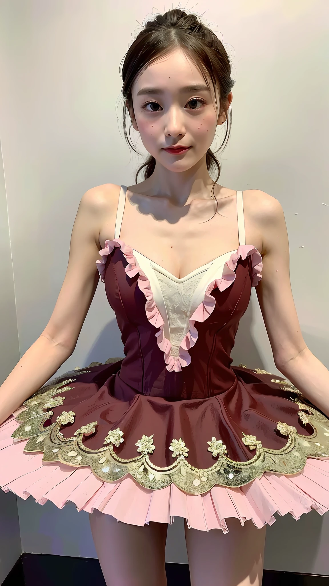 (Best quality, 8k, 32k, Masterpiece, UHD:1.2), Photo of Pretty Japanese woman, 1girl, (RAW photo), (realistic), (photorealistic:1.3), (high res), ultra detailed, Primaballerina_tutu, majolica color tutu, incredibly beautifull face and eyes, (loli:1.3), round small face, (gigantic breasts, cleavage, thin waist, slim proportions), bed, (sweaty), (from below), (crotch:1.2), knee, platter tutu ballet skirt, pancake tutu ballet skirt,