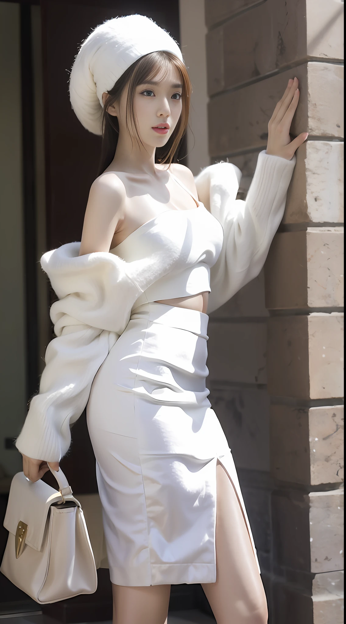 Asian woman posing for photo in white dress and jacket, white silky sleek outfit, loose and structured version padded shoulder short top, beautiful fashion model body, sexy sultry body, confident look, attractive asian model, photo of slim girl model, sexy style, Jolin Tsai, intricate decoration, white outfit, white tight pencil skirt suit