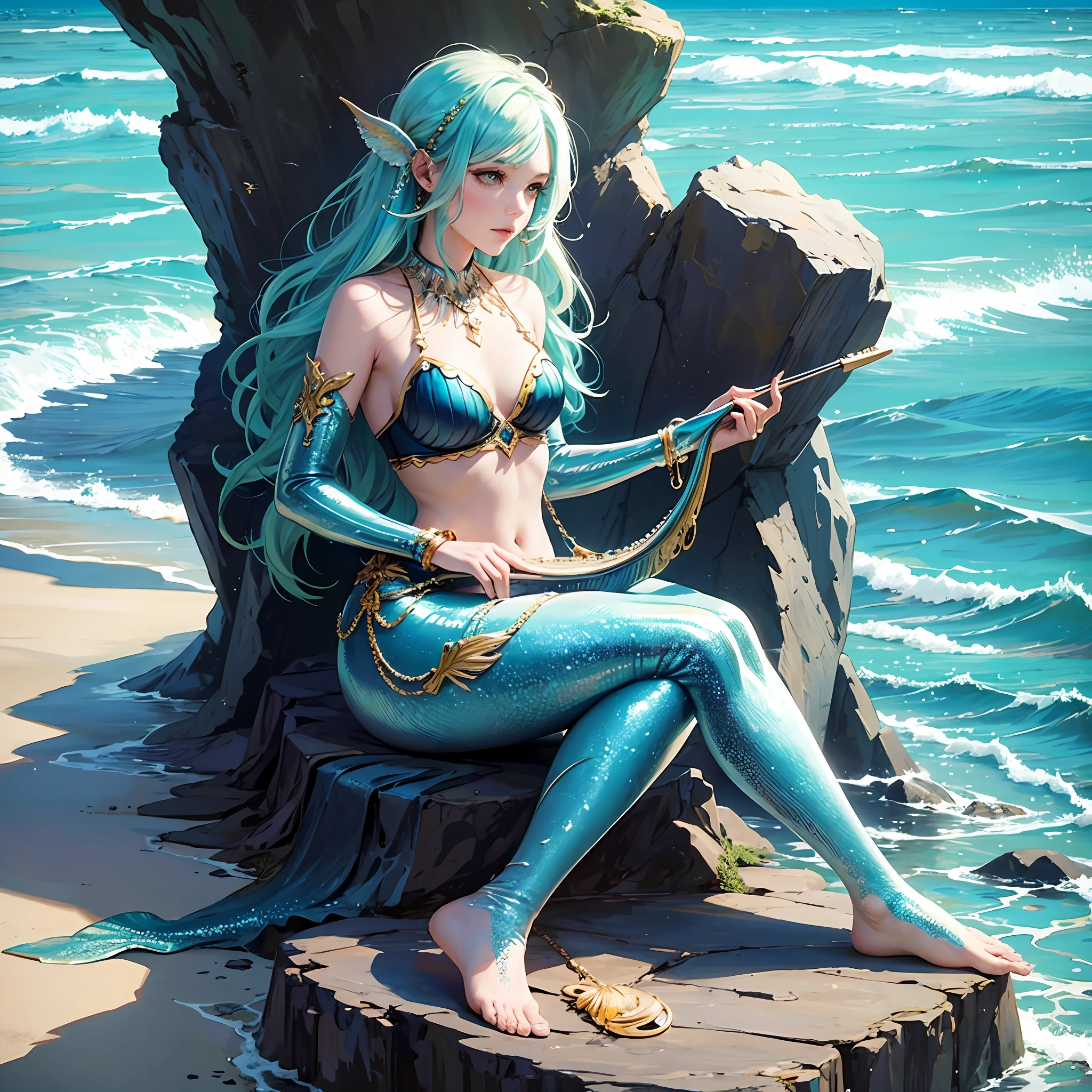 Mermaid sitting on a rock on the beach playing harp --auto --s2