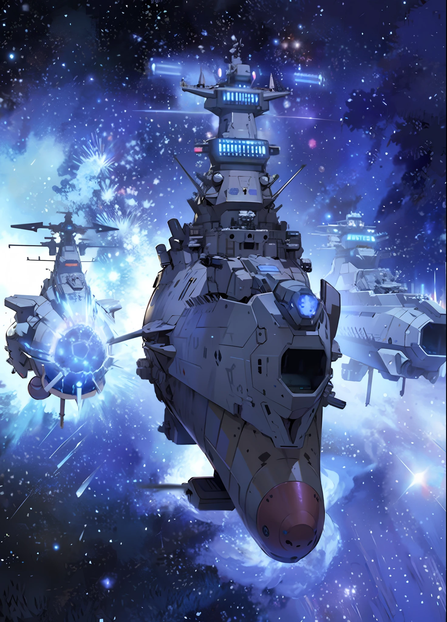 Large formation of space battleships centered on Space Battleship Yamato, darkness, glowing nebulae, watercolor, space background, intricate details, movie lighting, hyperrealism, motion blur, glowing light, godray, ray tracing, halftone, UHD, high detail, high quality, highest quality, 16k, HD, 1080P