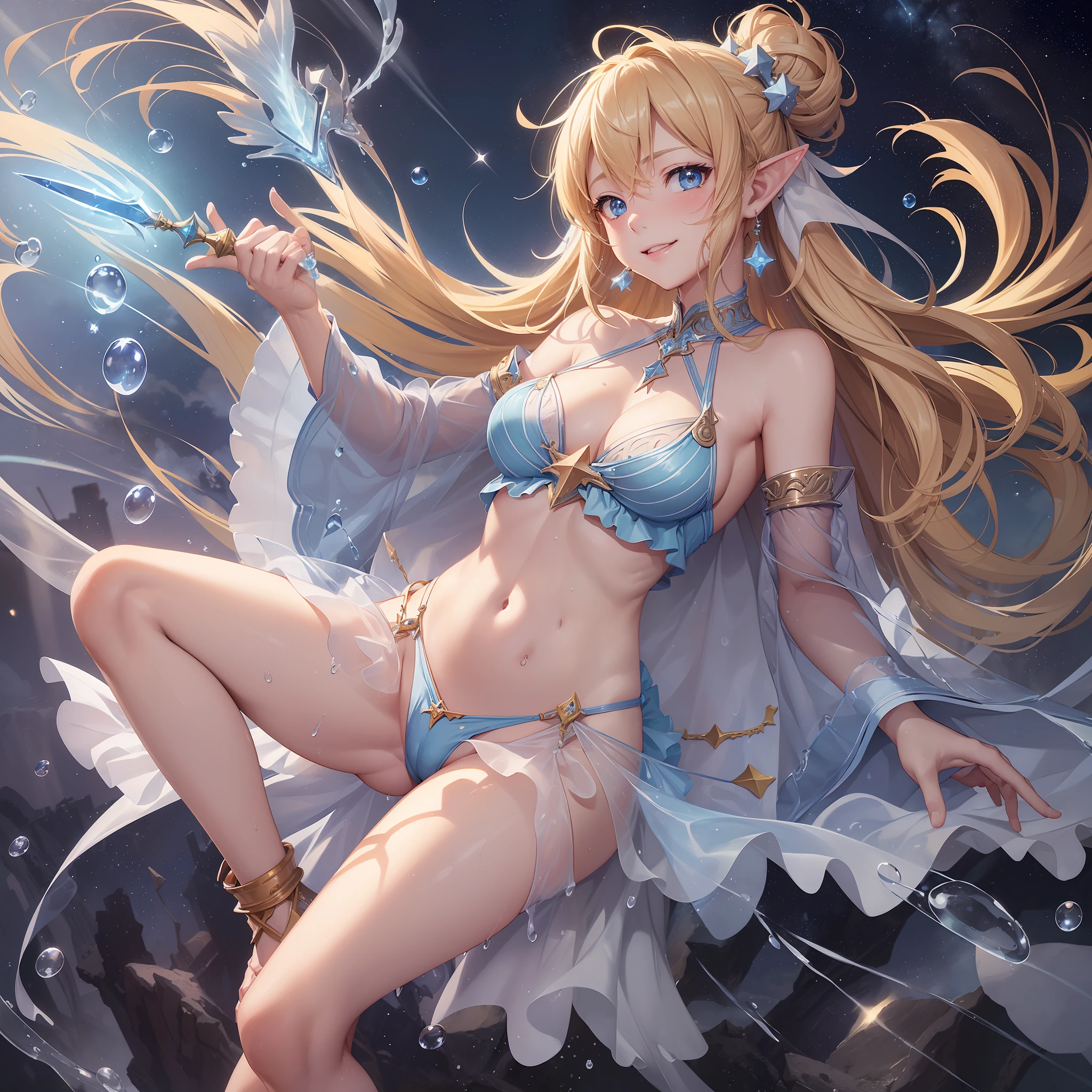2D illustration, anime style, beautiful girl, elf, , blonde, blue eyes, hair ornament, smiling, holding a magic wand in her right hand, open legs, chest open, whole white ultra-thin fabric, see-through ancient style robe, (The tip of the chest is colored and raised and protruding))), (((The entire chest is showing through)), floating hem, collar, bangle, anklet, Sandals, ((Person Up, Low Angle, Crotch Up)), ((((Transparent Exposed Crotch))), (((Water droplets in the crotch)), Wet body, Wet clothing, Ancient ruins eroded by vegetation, Waterside, Water Light, Magic Light, Starry Sky, Wind Blowing, Ambient Occlusion, Halation
