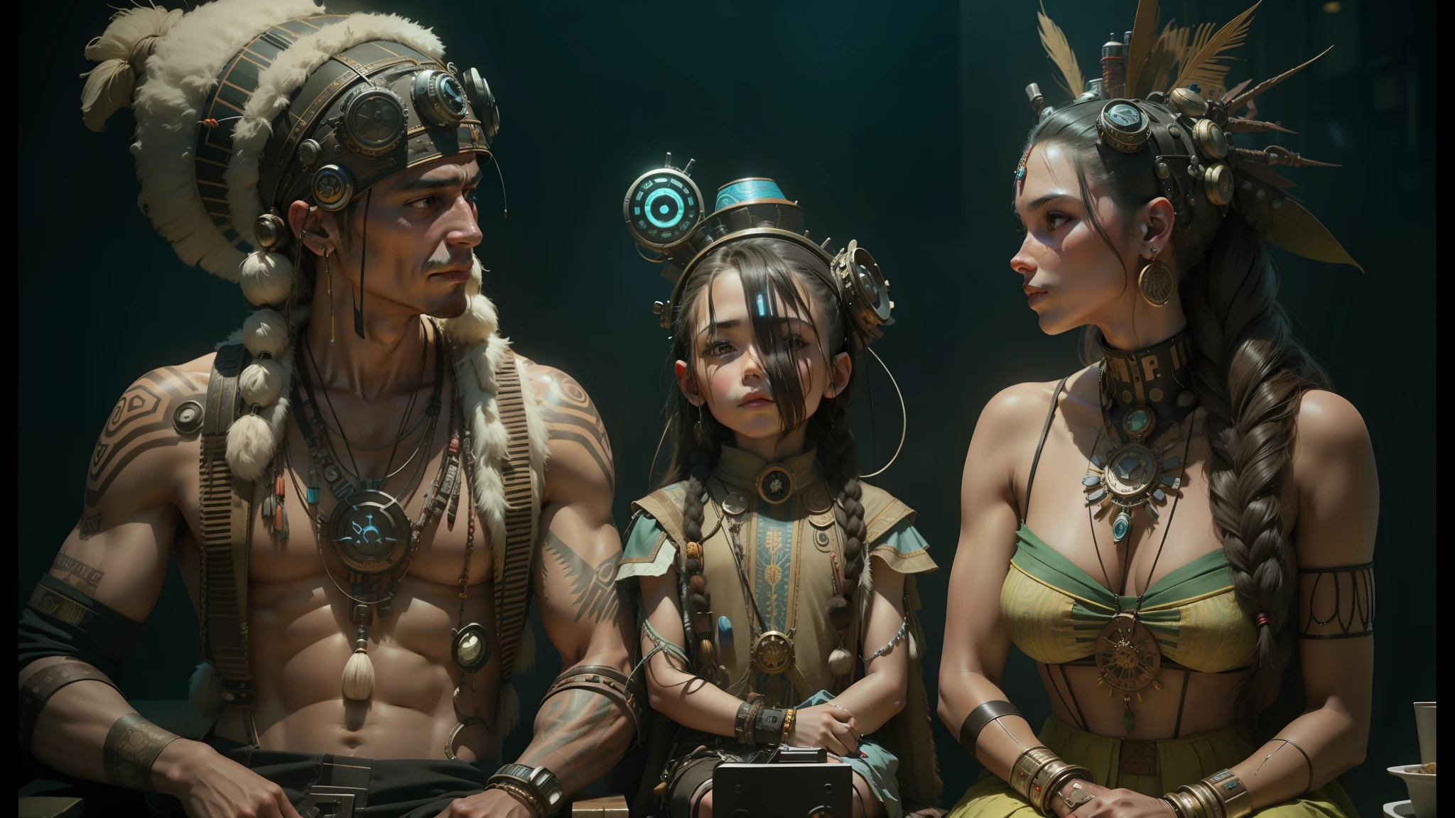 a man, a child, and a woman dressed in native clothing sitting next to each other, cyber steampunk 8k 3d, alexander abdulov, motherboard, interconnected human lifeforms, russian shaman, by Raymond Teague Cowern, ecopunk, beautiful biomechanical djinn, peter hurley --auto --s2