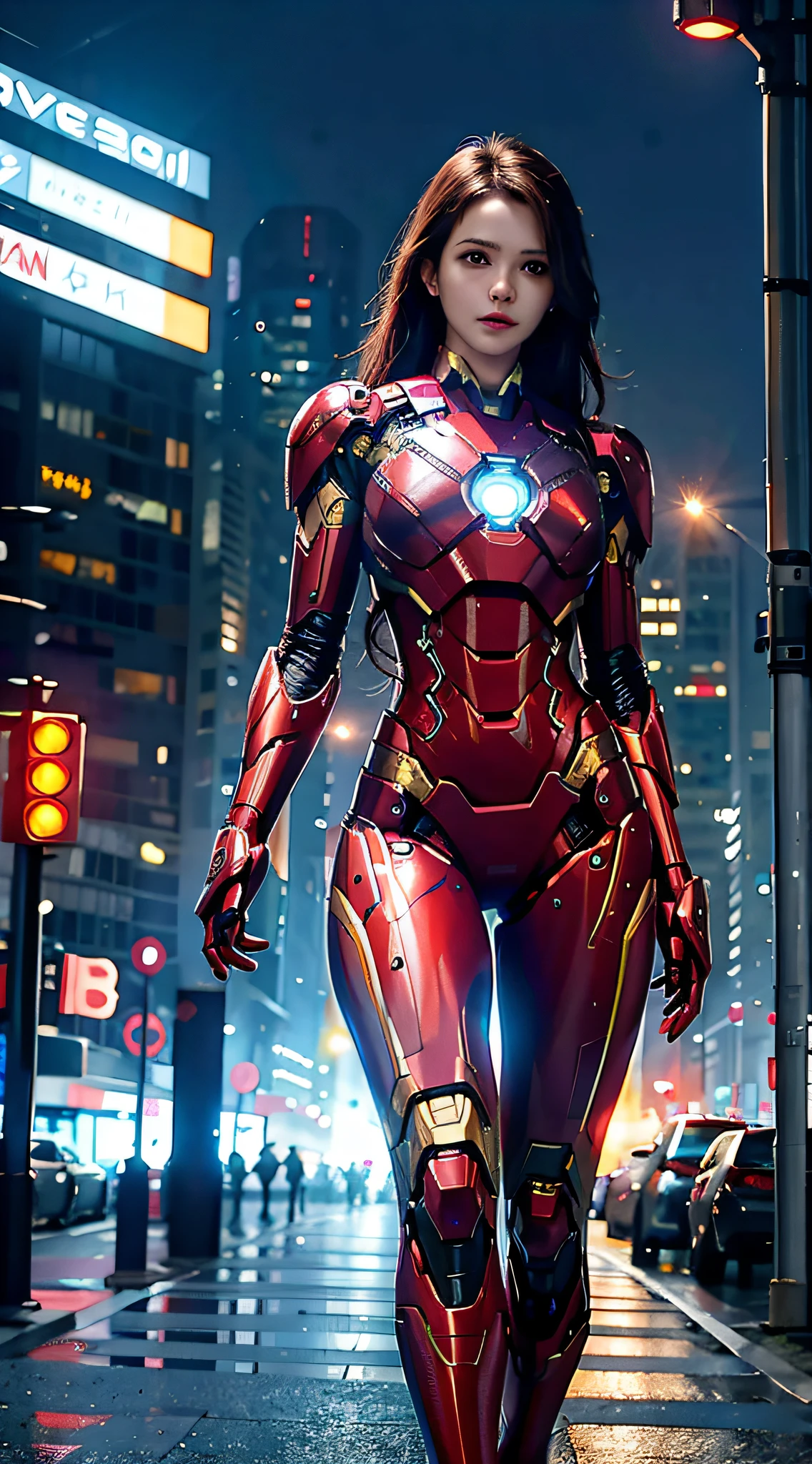 avengers woman in a red suit walking down a city street, cyberpunk iron man, like ironman, inspired by Marek Okon, wojtek fus, hero pose colorful city lighting, superior iron man, emma watson as iron man, cgsociety masterpiece, cgsociety - w 1 0 2 4 - n 8 - i, cgsociety inspired, girl in mecha cyber armor