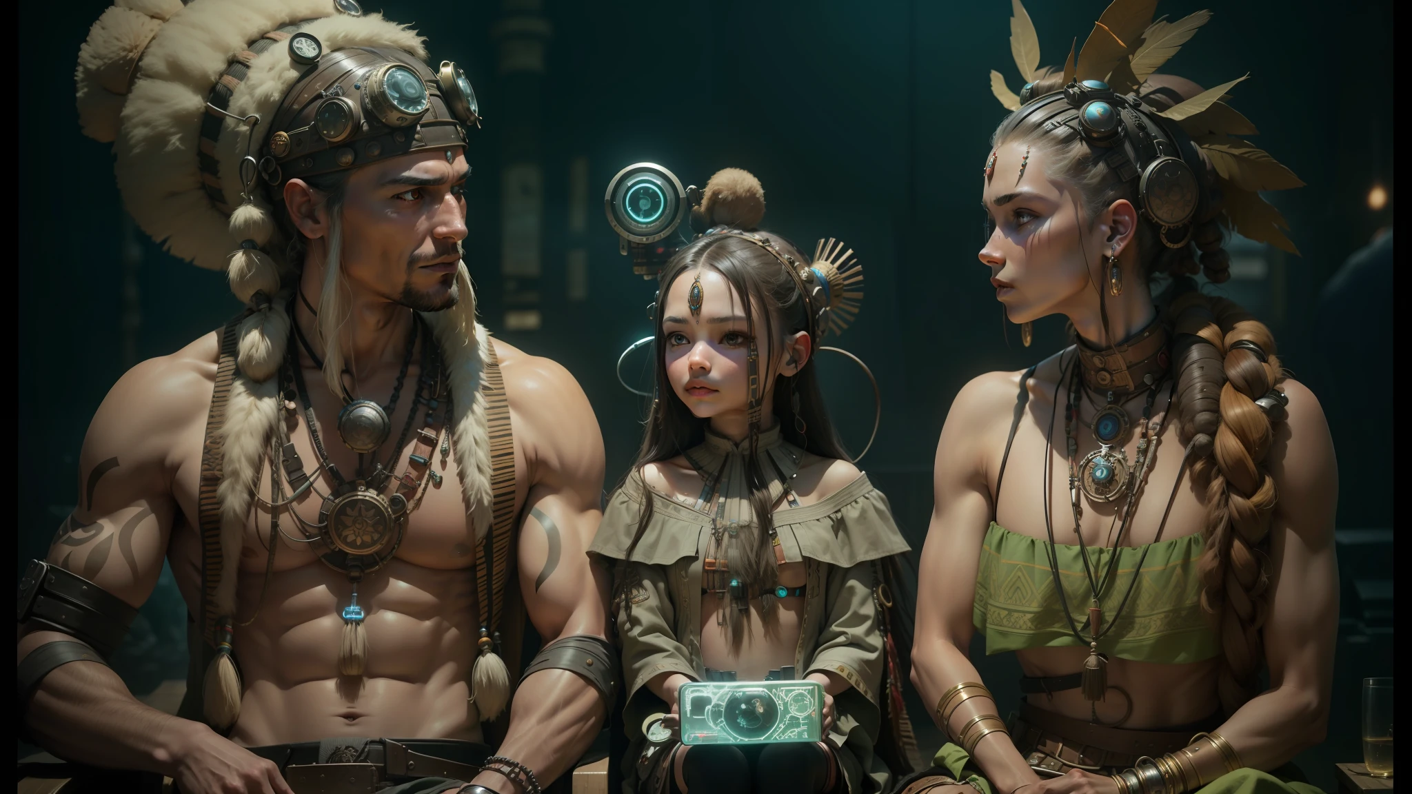 a man, a child, and a woman dressed in native clothing sitting next to each other, cyber steampunk 8k 3d, alexander abdulov, motherboard, interconnected human lifeforms, russian shaman, by Raymond Teague Cowern, ecopunk, beautiful biomechanical djinn, peter hurley --auto --s2