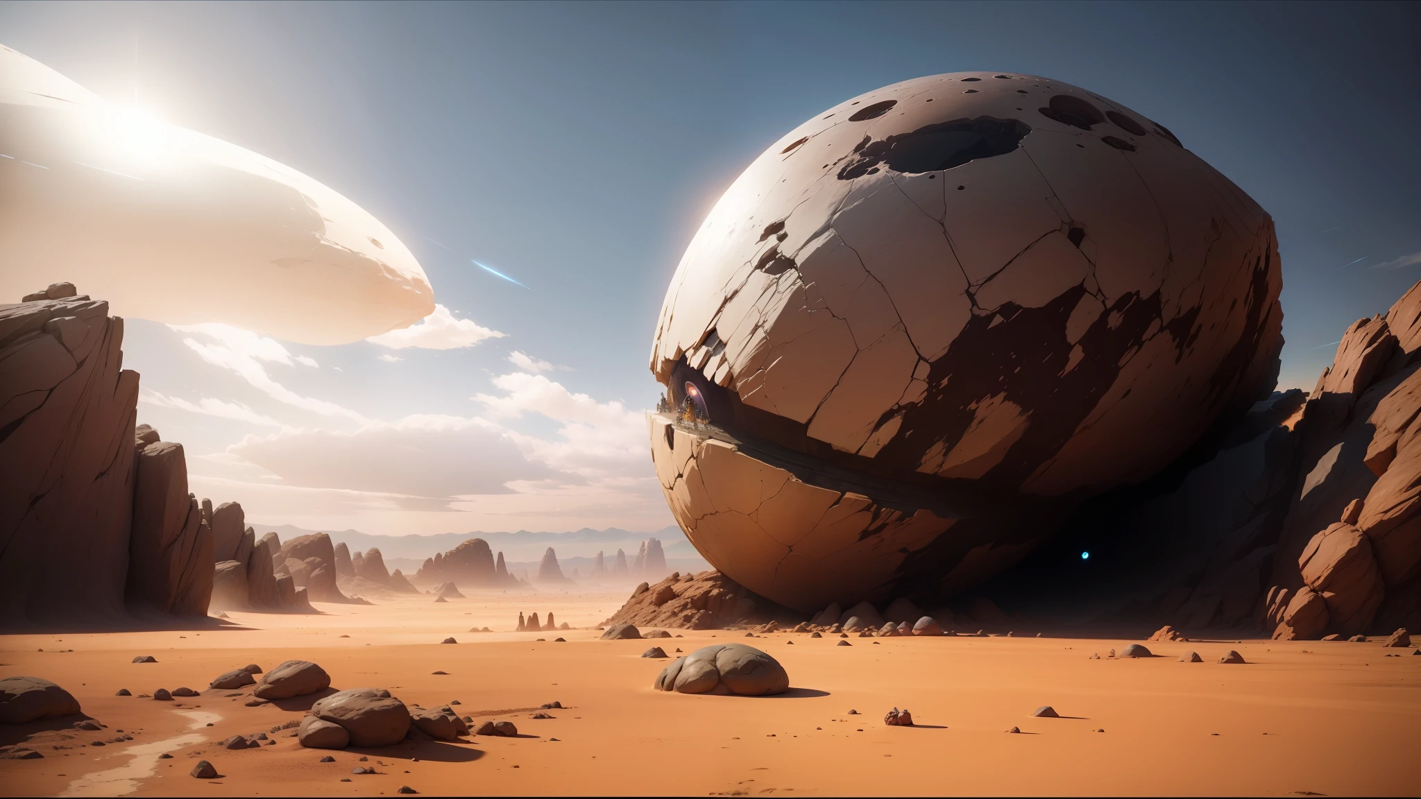 there is a large rock in the middle of a desert, unreal engine 5 showcase, jodorowsky's dune, by François Boquet, still from anime, shattered land, neal asher sci - fi, orb, surrealisme aesthetic, sisyphus compostition, unreal engine: .2, giant moon, atlas --auto --s2