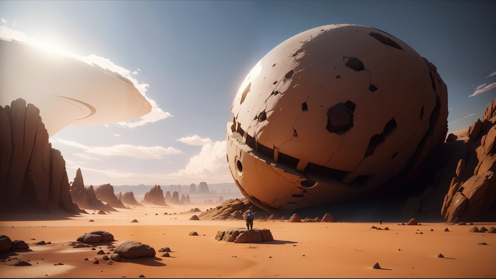there is a large rock in the middle of a desert, unreal engine 5 showcase, jodorowsky's dune, by François Boquet, still from anime, shattered land, neal asher sci - fi, orb, surrealisme aesthetic, sisyphus compostition, unreal engine: .2, giant moon, atlas --auto --s2