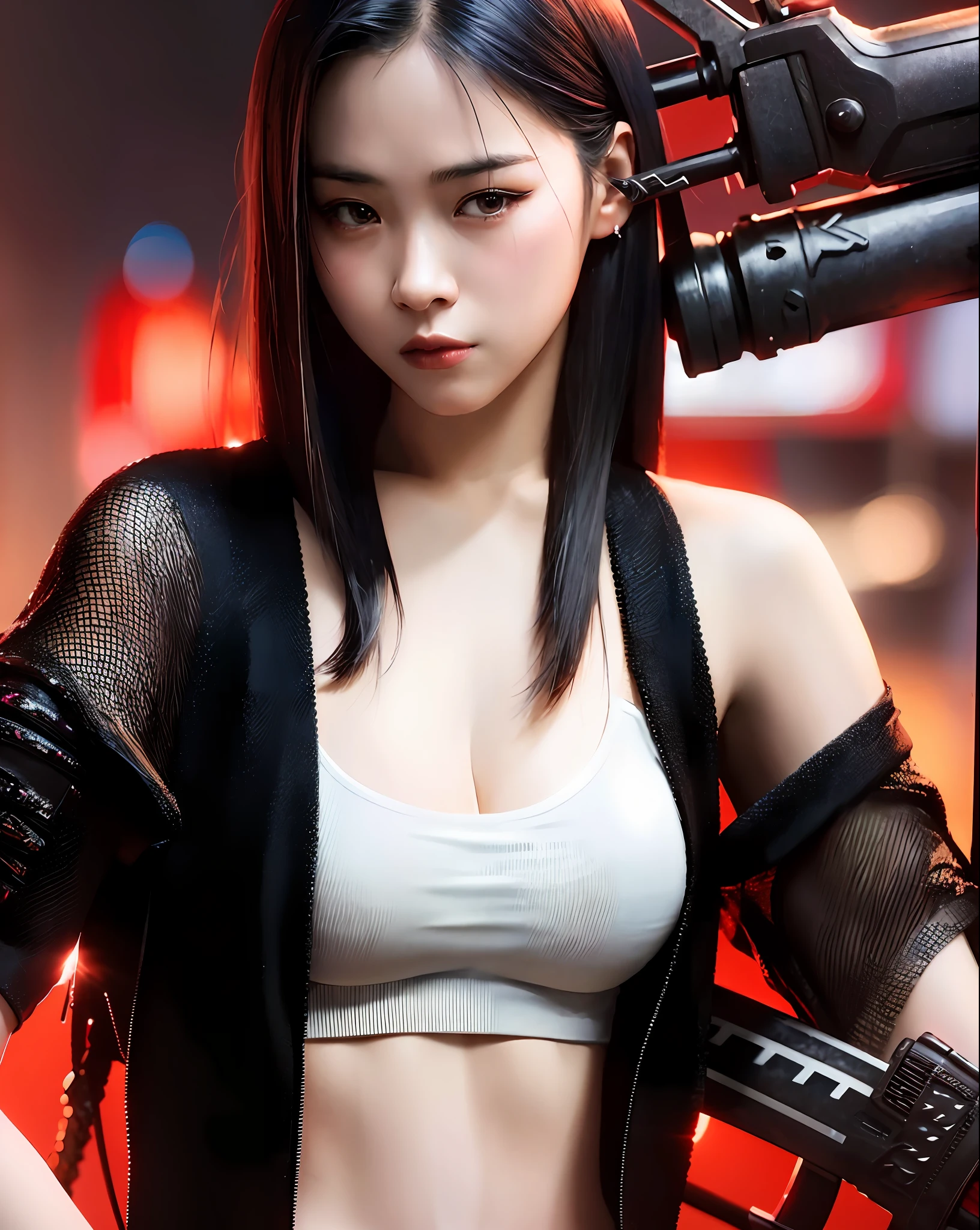 (masterpiece), close-up of a woman holding a sword in red light, a very beautiful cyberpunk samurai, a character from a video game with Katana Zero, she has a katana, popped clothes, one breast exposed, small, Ross draw digital painting, Iu Ji-eun as a supervillain, IG model | It is trending at ArtGerm, CGstation, Ross Tran 8 K, Katana, ArtGerm and Ruan Jia.