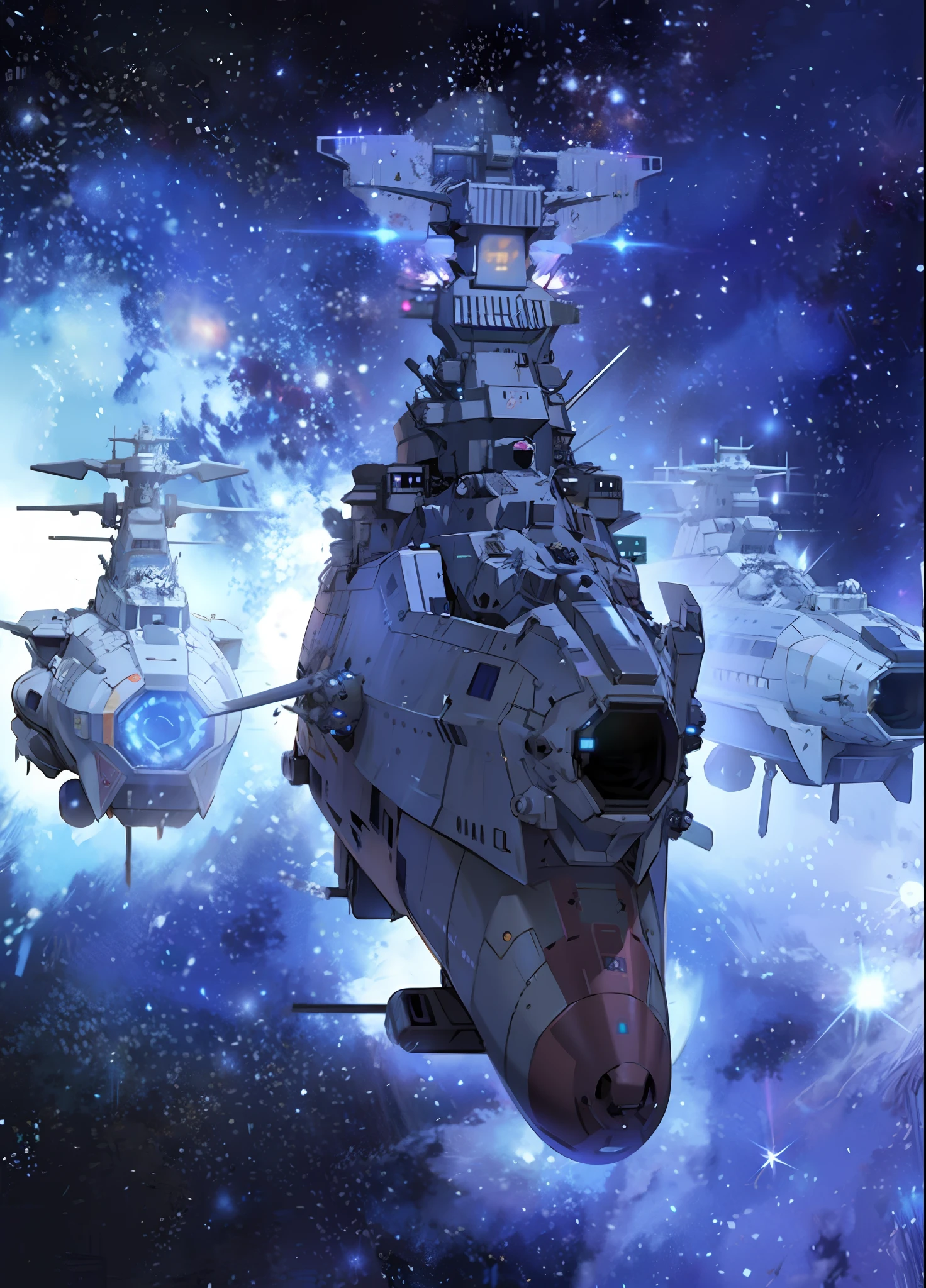 Large formation of space battleships centered on Space Battleship Yamato, darkness, glowing nebulae, watercolor, space background, intricate details, movie lighting, hyperrealism, motion blur, glowing light, godray, ray tracing, halftone, UHD, high detail, high quality, highest quality, 16k, HD, 1080P