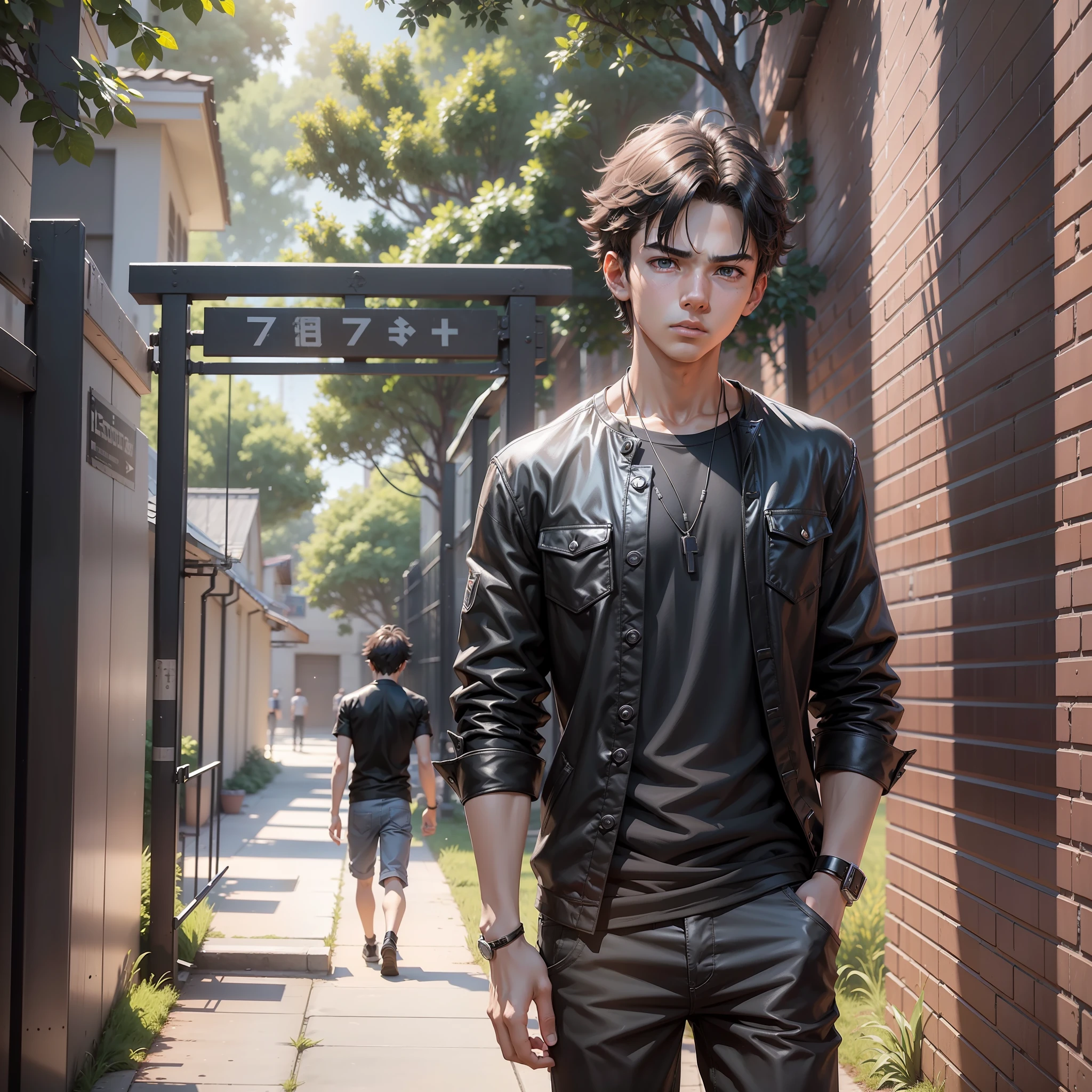 (A boy, young man wearing a black shirt: 1.2), 3d rendering, movie special effects, movie lighting, background is school gate, clear HD, 8K resolution, very detailed, digital painting, concept art, Shinkai Makoto style, pop popularization trend, pop, pop trend, pop trend.