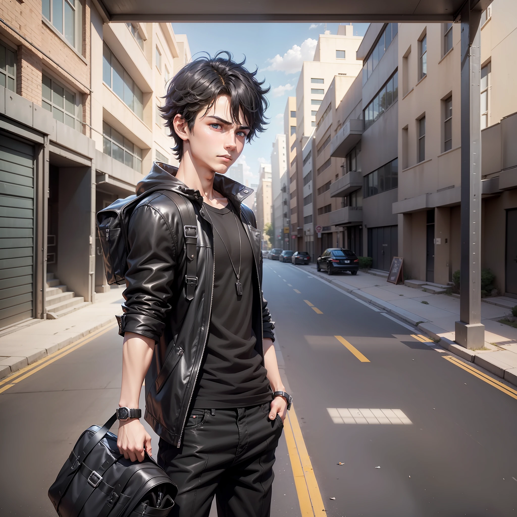 (A boy,  young man wearing a black shirt: 1.2), 3d rendering, movie special effects, movie lighting, background is school gate, clear HD, 8K resolution, very detailed, digital painting, concept art, Shinkai Makoto style, pop popularization trend, pop, pop trend, pop trend.