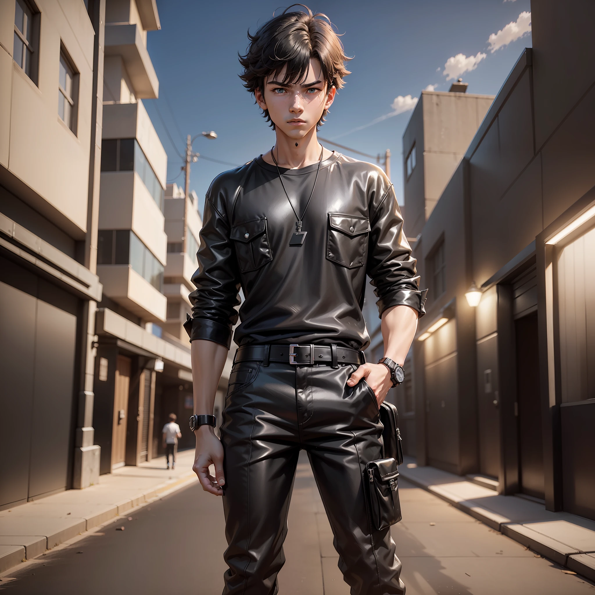 (A boy, 17 years old young man wearing a black shirt: 1.2), 3d rendering, movie special effects, movie lighting, background is school gate, clear HD, 8K resolution, very detailed, digital painting, concept art, Shinkai Makoto style, pop popularization trend, pop, pop trend, pop trend.