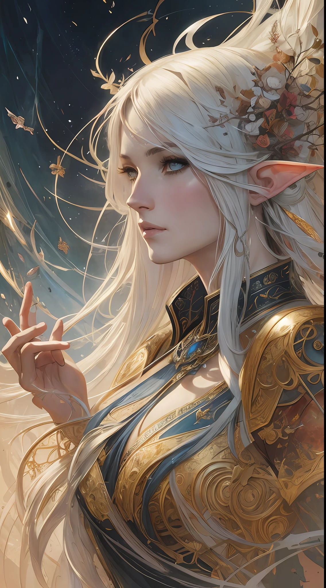 a beautiful full figure painting of perfect female elf woman, shapeless long hair, black hair, white hair, huge mammaries, perfect features, wearing Rococo style dress, art by Carne Griffiths and Wadim Kashin and John William Waterhouse, Concept art, ethereal background, abstract beauty, near perfection, pure form, Golden Ratio, minimalism, unfinished, concept art, By Brian Froud and Carne Griffiths and Wadim Kashin and , intricate detail, 8k post-production, High resolution, super Detail, art station Trends, sharp focus, studio photos, intricate detail, Very detailed, By Greg Rutkowski --auto --s2