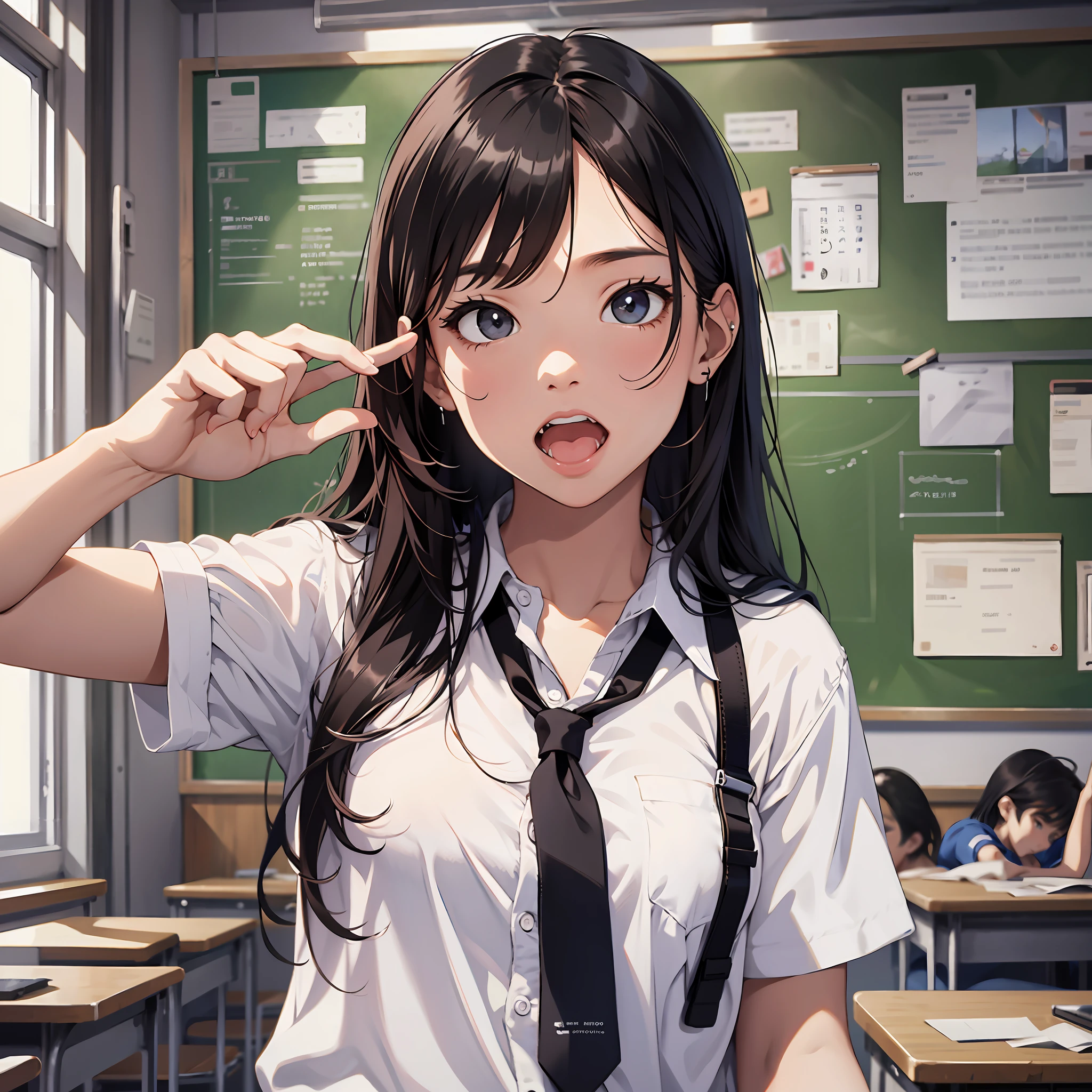 Molestation, Feeling expression, Absurd resolution, high resolution, (masterpiece: 1.4), super detailed, several students, white shirt, classroom, self-righteous mockery, pointing, camera