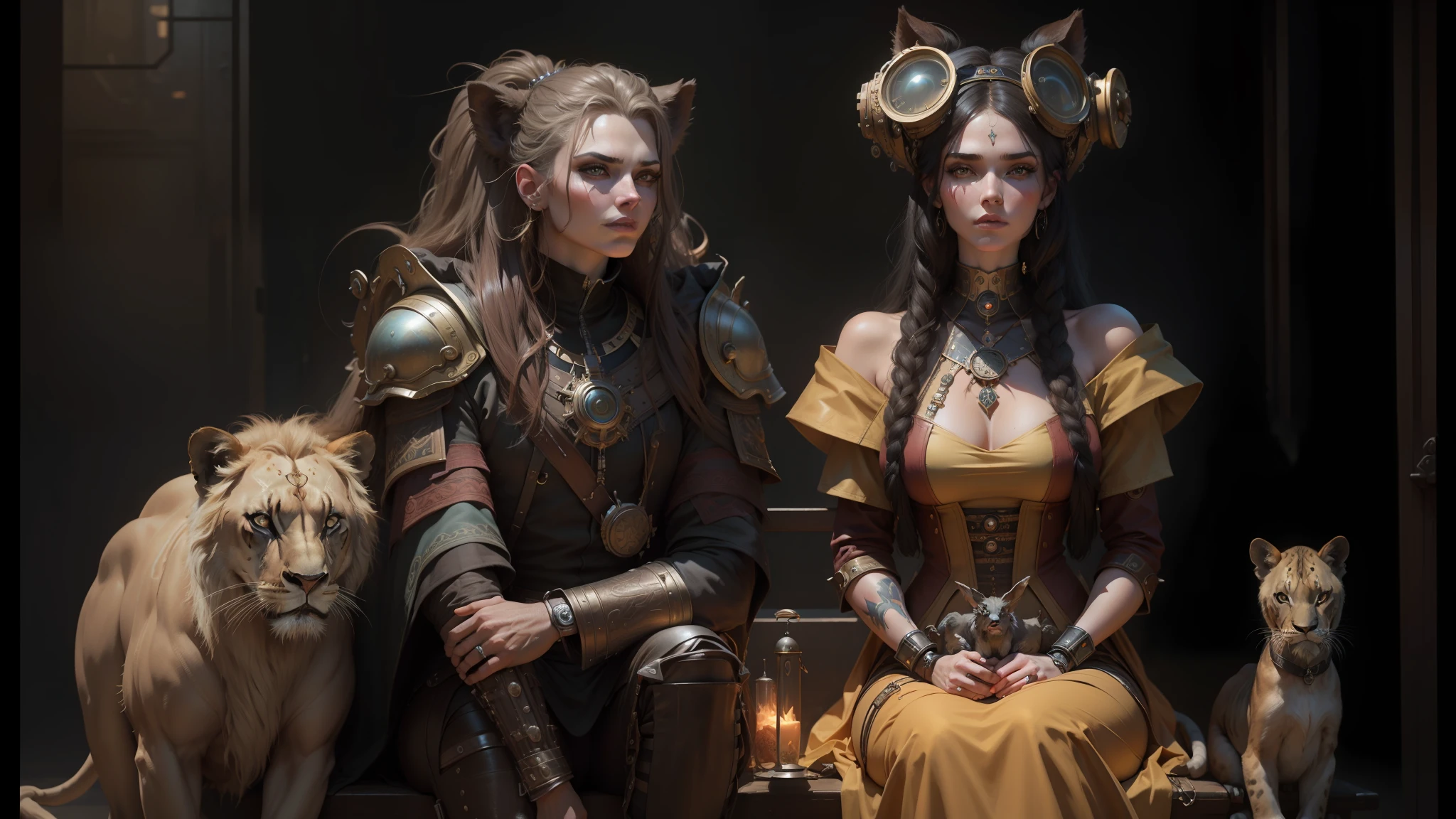 there are two women sitting on a bench with lion cubs, cyber steampunk 8k 3d, serge marshennikov, highly detailed 8k ❤️🔥 🔥 💀 🤖 🚀, she is dressed in shaman clothing, award winning 4k photography, mechanical implants, steampunk horse, artem demura, panoramic anamorphic, tom bagshaw and apterus sabbas --auto --s2