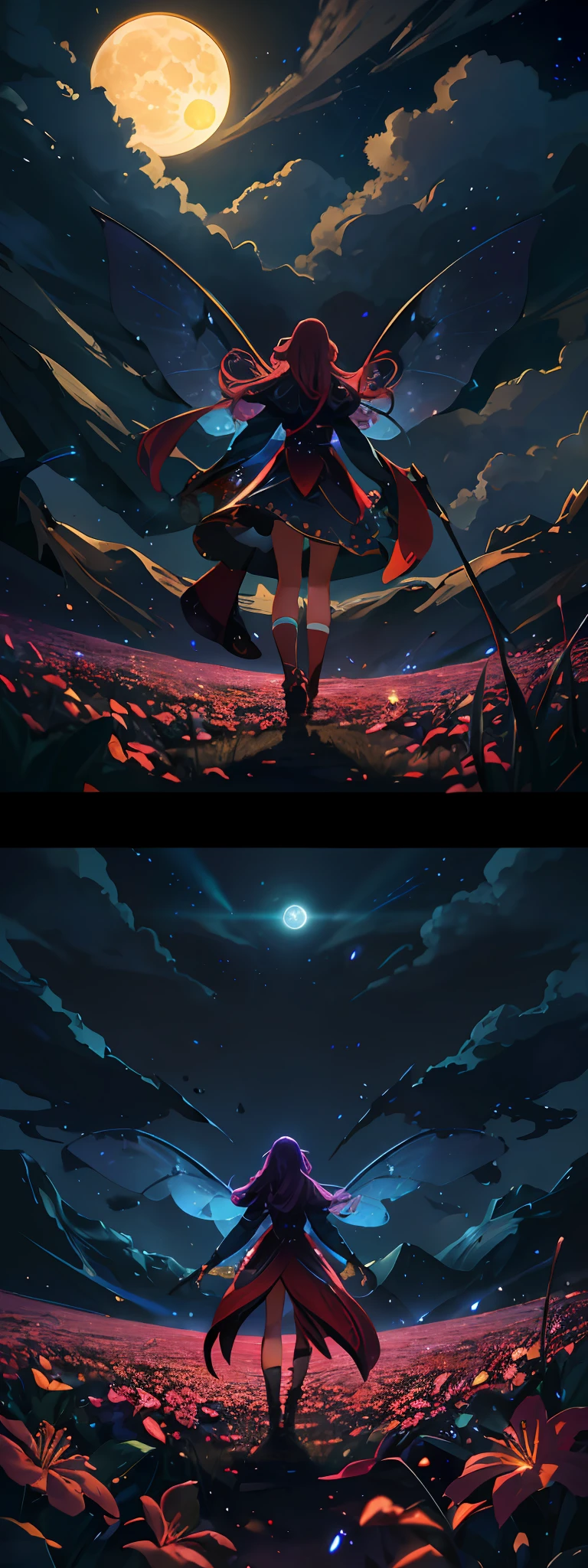 expansive landscape photograph , (a view from below that shows sky above and open field below), a girl standing on flower field looking up, (full moon:1.2), ( shooting stars:0.9), (nebula:1.3), distant mountain, tree BREAK
production art, (warm light source:1.2), (Firefly:1.2), lamp, lot of purple and orange, intricate details, volumetric lighting, realism BREAK
(masterpiece:1.2), (best quality), 4k, ultra-detailed, (dynamic composition:1.4), highly detailed, colorful details,( iridescent colors:1.2), (glowing lighting, atmospheric lighting), dreamy, magical, (solo:1.2)