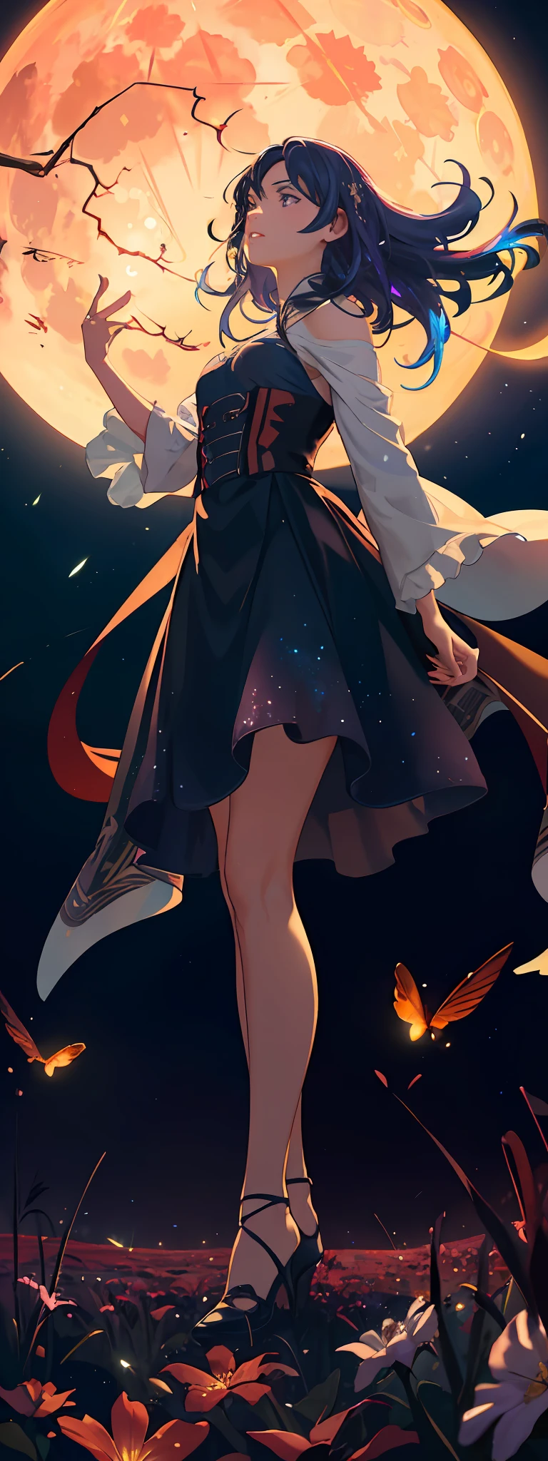expansive landscape photograph , (a view from below that shows sky above and open field below), a girl standing on flower field looking up, (full moon:1.2), ( shooting stars:0.9), (nebula:1.3), distant mountain, tree BREAK
production art, (warm light source:1.2), (Firefly:1.2), lamp, lot of purple and orange, intricate details, volumetric lighting, realism BREAK
(masterpiece:1.2), (best quality), 4k, ultra-detailed, (dynamic composition:1.4), highly detailed, colorful details,( iridescent colors:1.2), (glowing lighting, atmospheric lighting), dreamy, magical, (solo:1.2)