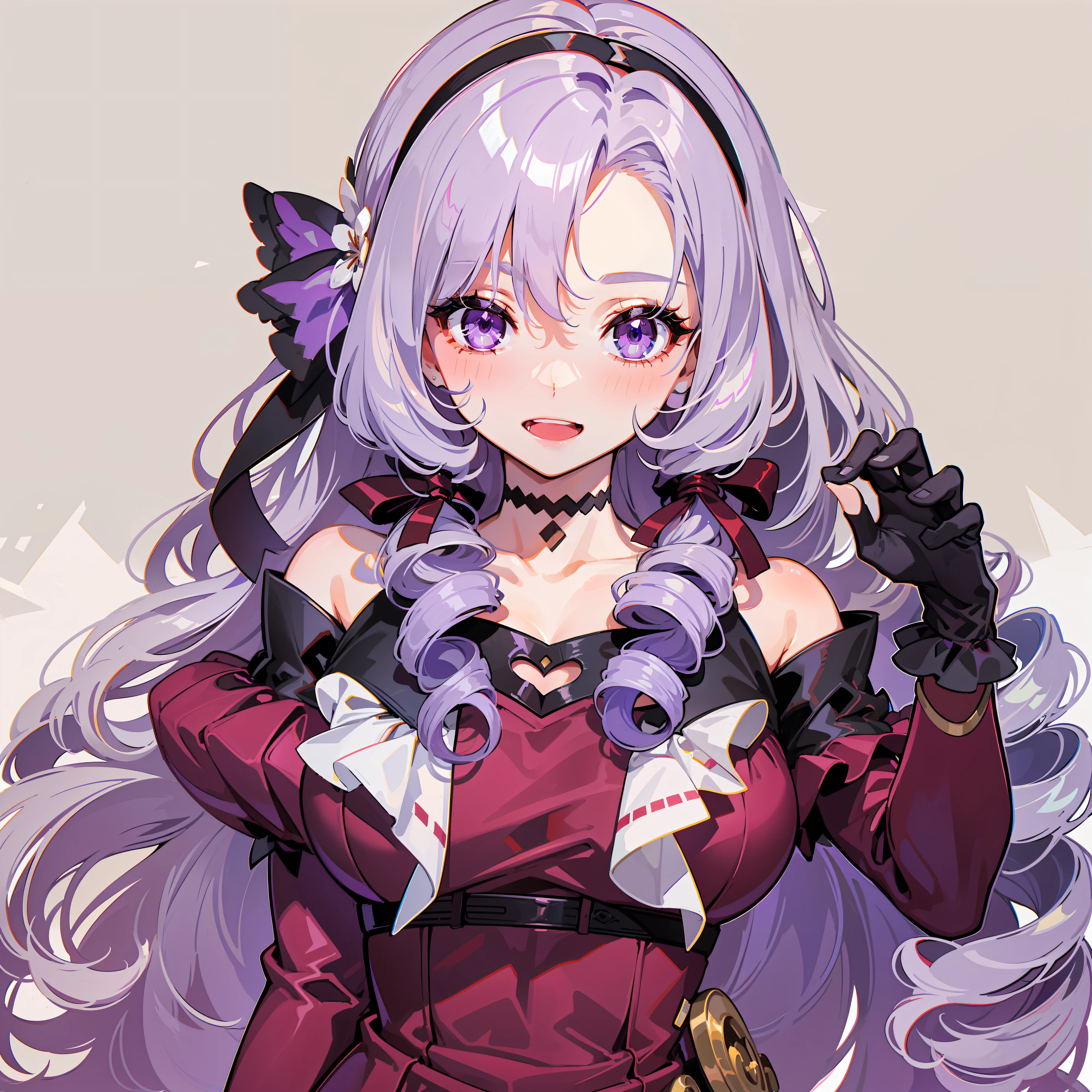 Solo, Long hair, Chest, Drill hair, Twin Drill, Gloves, Dress, Purple eyes, Eye stars, Garter straps, Red dress, Hair band, Look at viewer, Smile, White background, Purple hair, Cleavage, Bangs, Black gloves, Tattoo on chest, Ribbon, Bare shoulders, Blushing, Simple background, Open mouth, Purple hair ribbon on the right side, Lilac hair, long sleeves, detached sleeves, off-shoulder dress, nail ring, black hair band, off-shoulder, collarbone, parted bangs, masterpiece, top quality, photorealistic, 3D, shiny_skin, shiny_hair, dynamic angles, beautiful detailed shine, HDR, Rembrandt lighting, colorful refraction, lens flare, bloom, film reflection, chromatic aberration, light diffusion, public obscenity, cowboy shot, deep meaning, physically based rendering, bright, vibrant, complex,