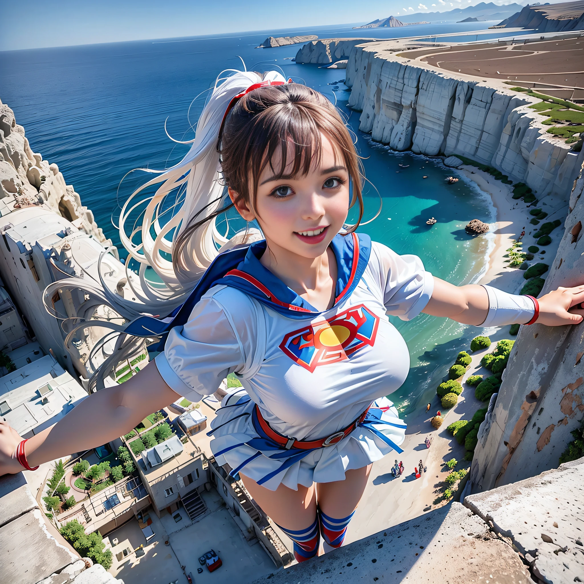 (8k, 32K, RAW photos, top quality, masterpiece: 1.2), ULRA high resolution, high definition photos, (superwoman reenactment flying like the movie Superman), (very cute girl close-up), (photorealistic: 1.2), ponytail, smile white teeth, (Greece, Aegean Sea, taken from the sky) (girl flying 300m) (white costume), ( Beautiful view with blue sea and white roofs below)