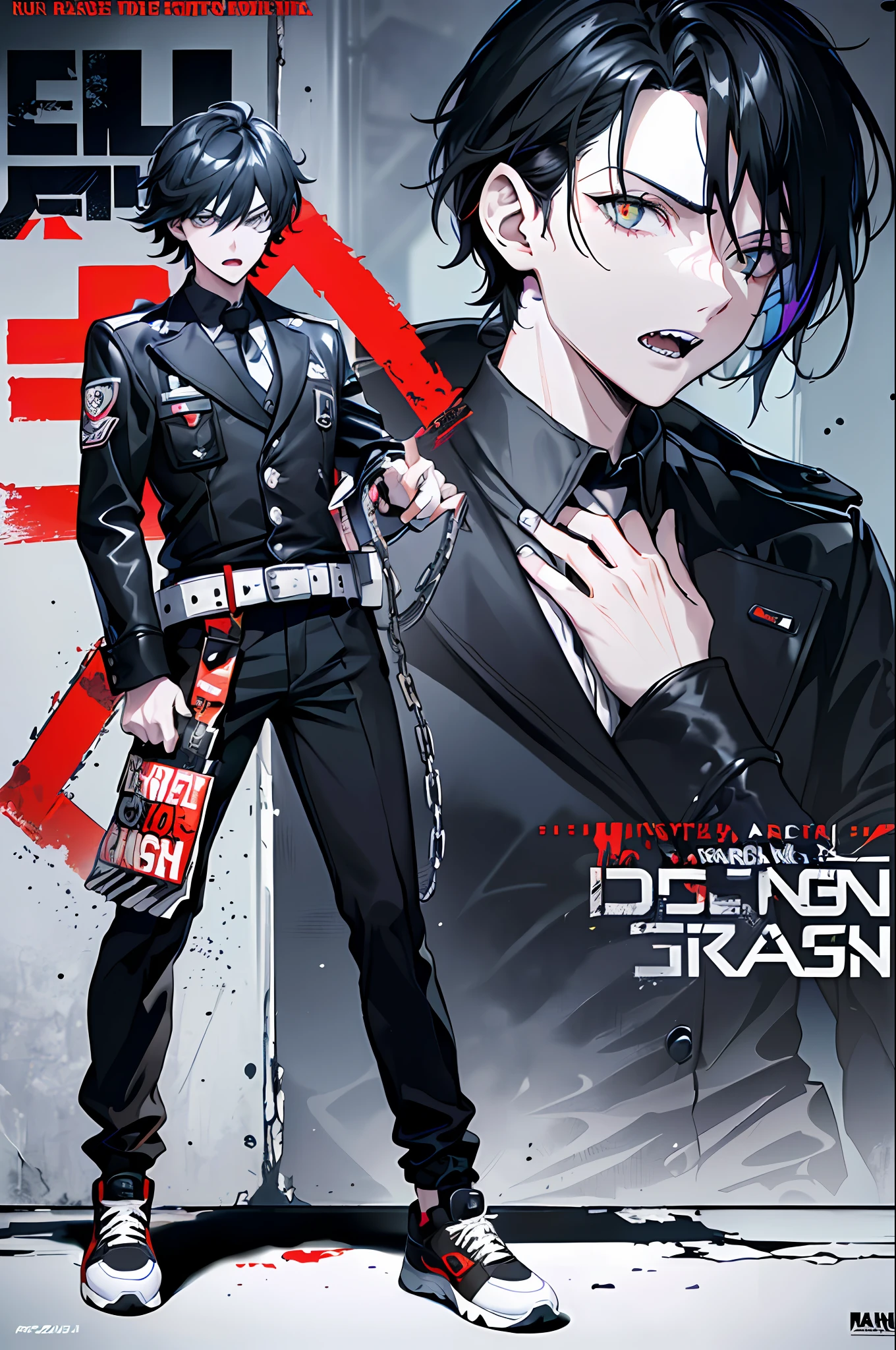 (((((dramatic)))), ((((gritty)))), (((intense))) movie posters featuring young boys as the main characters. She stands confidently in the center of the poster, dressed in a stylish and edgy outfit with a determined expression on her face. The background is dark and gritty, giving a feeling of danger and strength. The text is bold and attention-grabbing, with catchy taglines that add to the overall sense of drama and excitement. The color palette is predominantly dark, with splashes of vibrant colors, giving the poster a dynamic and visually striking look.
(Magazine:1.3), (Cover Style:1.3), Fashionable, Men, Vibrant, Costume, Pose, Front, Colorful, Dynamic, Background, Element, Confident, Expression, Retention, Statement, Accessory, Majestic, Coiled, Around, Touch, Scene, Text, Cover, Bold, Attention, le, Stylish, Font , catchy, headline, big, impressive, modern, trendy, focus, fashion, full body, solo, male focus, one boy, chainsaw man, chainsaw, sharp teeth, open mouth, dynamic pose, collared shirt, black tie, rolled up sleeves, black pants, sneakers, belt