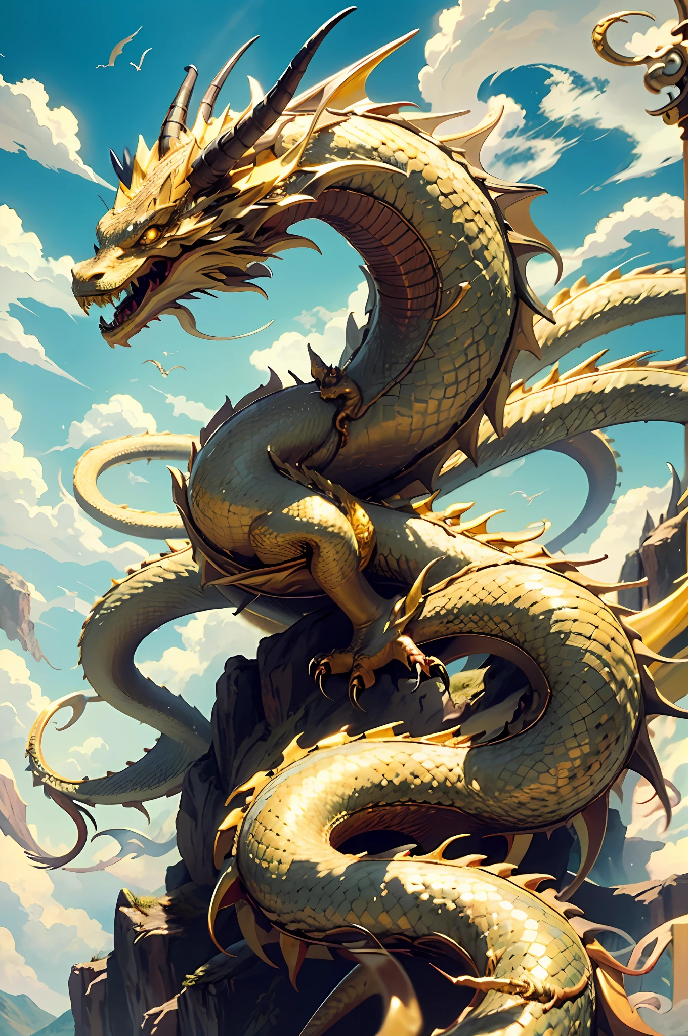 Q version, gold, best quality, masterpiece, super high resolution, no human, (length: 1.2), sky, yellow eyes, clouds, scales, oriental dragon, open mouth, sharp teeth, flying, horns, teeth, sky, claws, fangs, blue sky