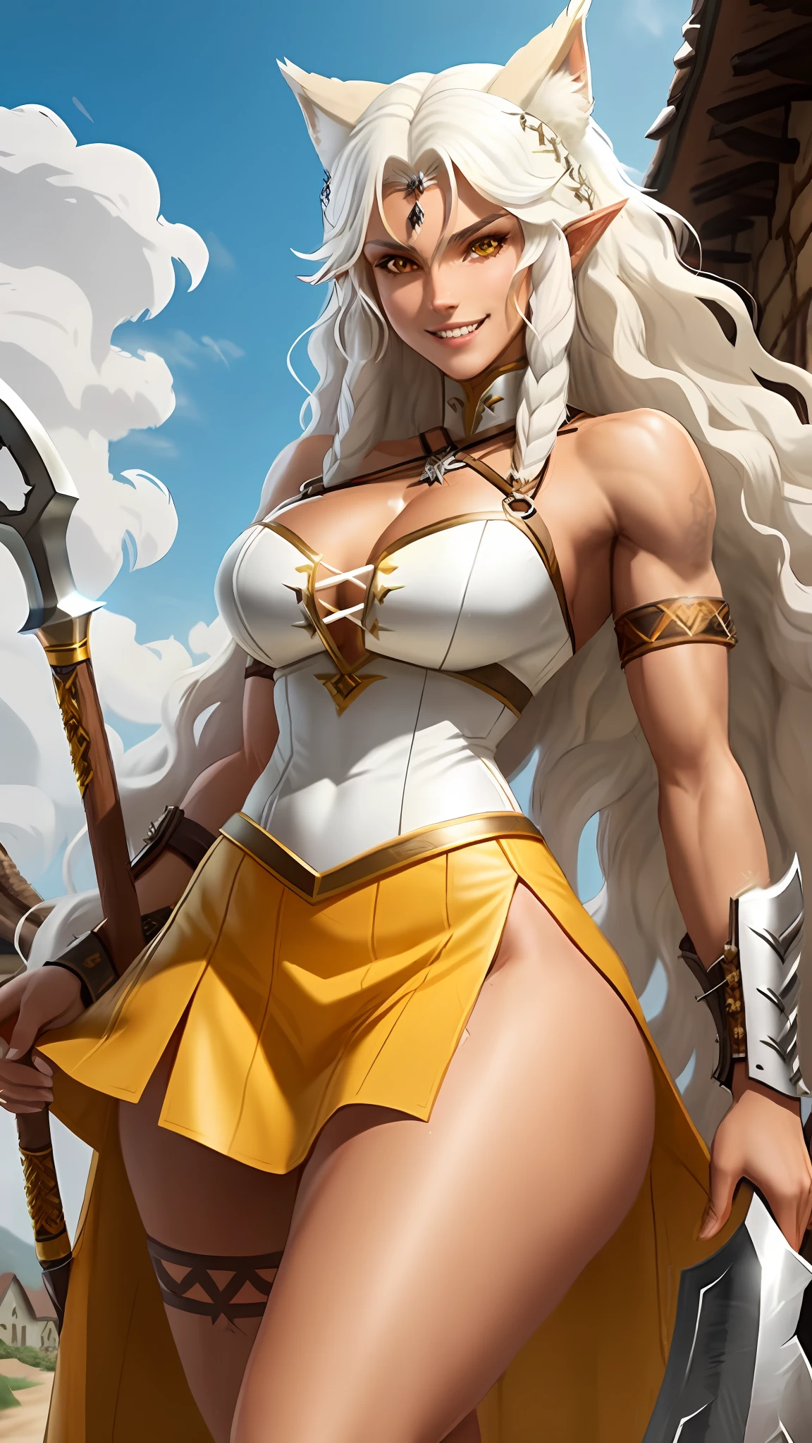 Solo, best quality, woman tanned skin, long curly hair,white hair,curly hair, yellow eyes, white wolf ears, medieval barbarian clothes, looking at the viewer, menacing smile, sharp teeth, detailed village background, barbarian skirt, thick thighs,neckline, holding a war axe