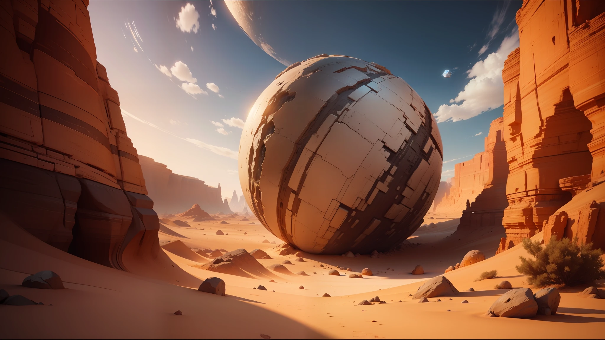 there is a large rock in the middle of a desert, rolands zilvinskis 3d render art, planets in orbit, fractal landscape, anamorphic cinematography, unreal engine 5 - w 1024, by Gerard Houckgeest, anamorphic illustration, by Abraham Begeyn, celestial gardens, orb, beautiful singularities, 4k trending at artstation hq --auto --s2