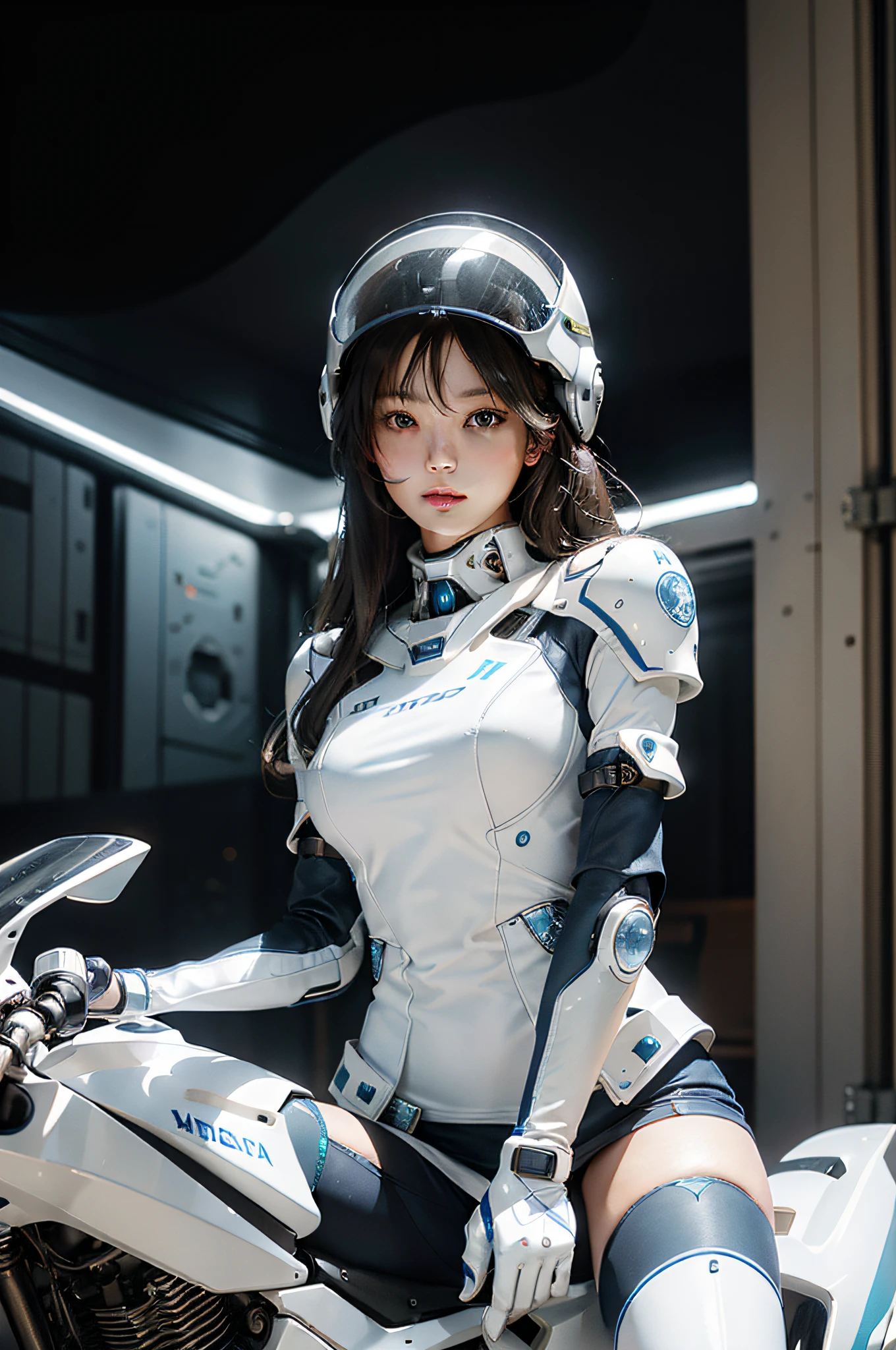 Best image quality, outstanding detail, ultra-high resolution, (realism: 1.4), best illustration, prefer details, highly condensed 1girl, delicate and beautiful face, dressed in white and blue mecha, wearing a mecha helmet, holding a direction controller, riding a motorcycle, the background is a high-tech lighting scene of a futuristic city.