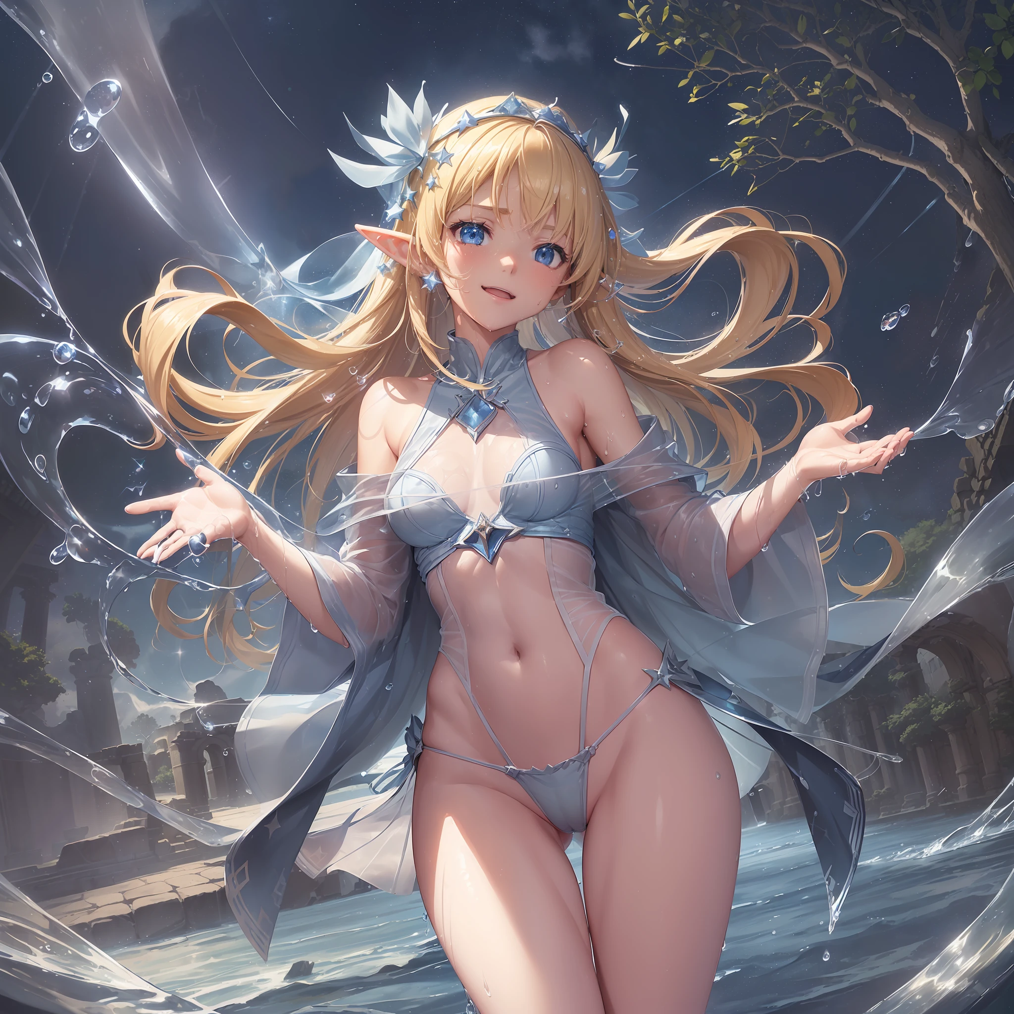 2D illustration, anime-style, beautiful girl, elf, (12 years old), blonde, blue-eyed, hair ornament, smiling, holding a magic wand in her right hand, open legs, open chest, sheer white ultra-thin fabric, see-through ancient-style robe, (without panties)), (The tip of the chest is colored and raised and protruding))), (((The entire chest is showing through)), floating hem, collar, bangle, anklet , sandals, (((figure up, low angle, crotch up)), (((((transparent exposed crotch))), (((crotch droplets)), wet body, wet clothing, ancient ruins eroded by vegetation, waterside, water surface light, magic light, starry sky, wind blowing, ambient occlusion, halation