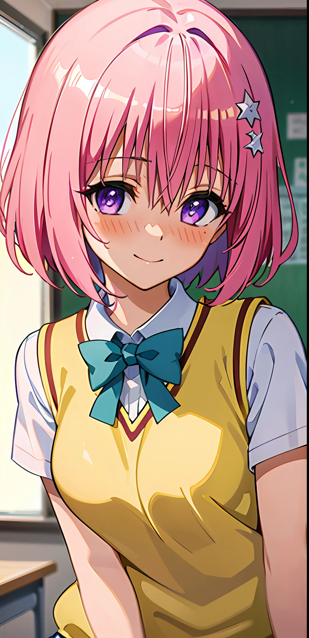 (best quality:1.1), (masterpiece:1.4), (absurdres:1.0), portrait, close up,
1girl, momo velia deviluke, hair ornament, bob cut, short hair pink hair, purple eyes, medium breasts, yellow school uniform, looking at viewer, classroom, (blush:1.2), smile,
