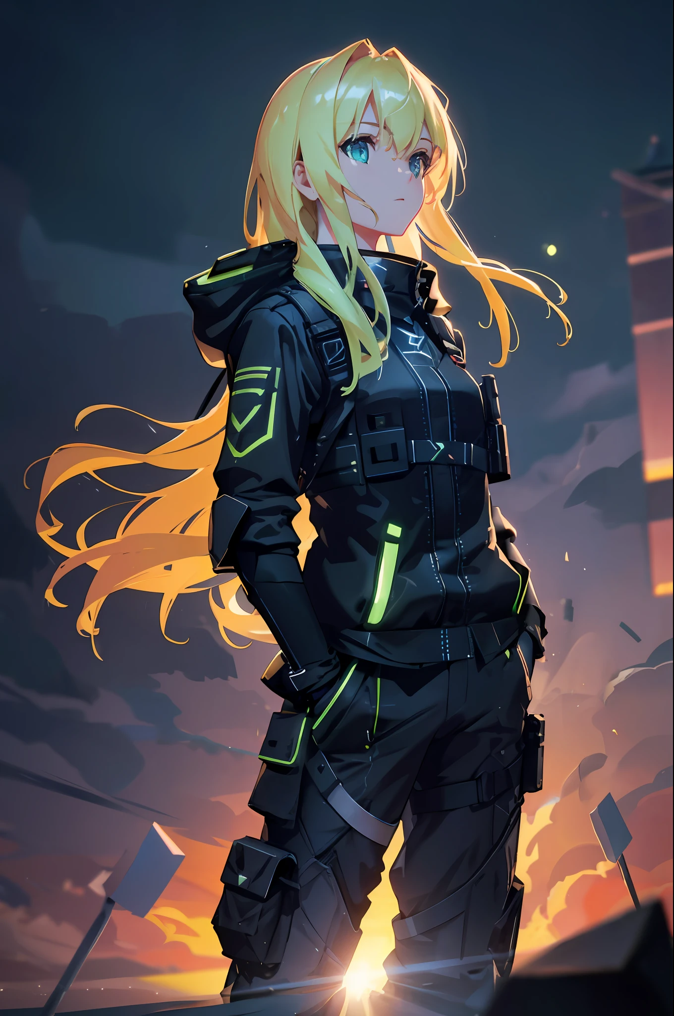 A girl blows big bubble gum with her hands in her pockets, (hands in pockets: 1.4), (big bubblegum: 1.4), (Shibuya: 1.4), (night light: 1.4), (thick body: 1.4), (long blonde hair: 1.4), green eyes, storm suit, cargo pants, HDR (High Dynamic Range), ray tracing, NVIDIA RTX, Super Resolution, Unreal 5, Subsurface scattering, PBR textures, Post processing, Anisotropic filtering, Depth of field ,Maximum clarity and sharpness, Multi-layer textures, albedo and specular mapping, surface shading, accurate simulation of light-material interactions, octane rendering, duotone lighting, low ISO, white balance, rule of thirds, large aperture, 8K RAW, efficient sub-pixels, subpixel convolution, (luminous particles: 1.4), {{Masterpiece, Best Quality, Extremely detailed CG, Unity 8k wallpaper, 3D, cinematic lighting, lens flares}},