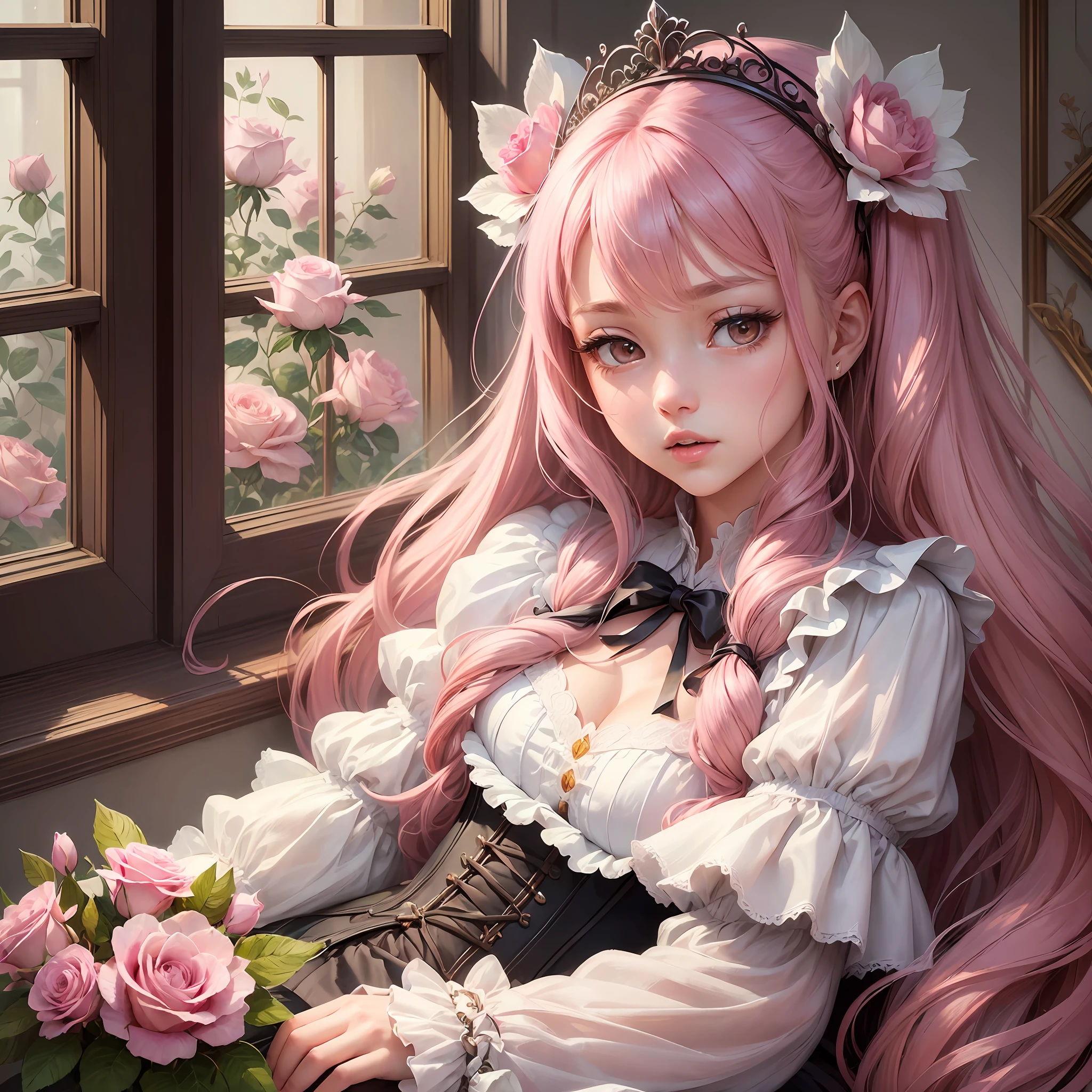 ((masterpiece)), ((highest quality), (super detail), (illustration), ((very delicate and beautiful)), (dynamic angle),
1girl, flower, spring, next to the window, roses, very long hair, detailed face, long eyelashes, eye flowers, ruffled sleeves, corset, tiara, princess, half twin tail, pink hair color Open your mouth a little
pink eyes, (low suite: 1.4), --auto --s2