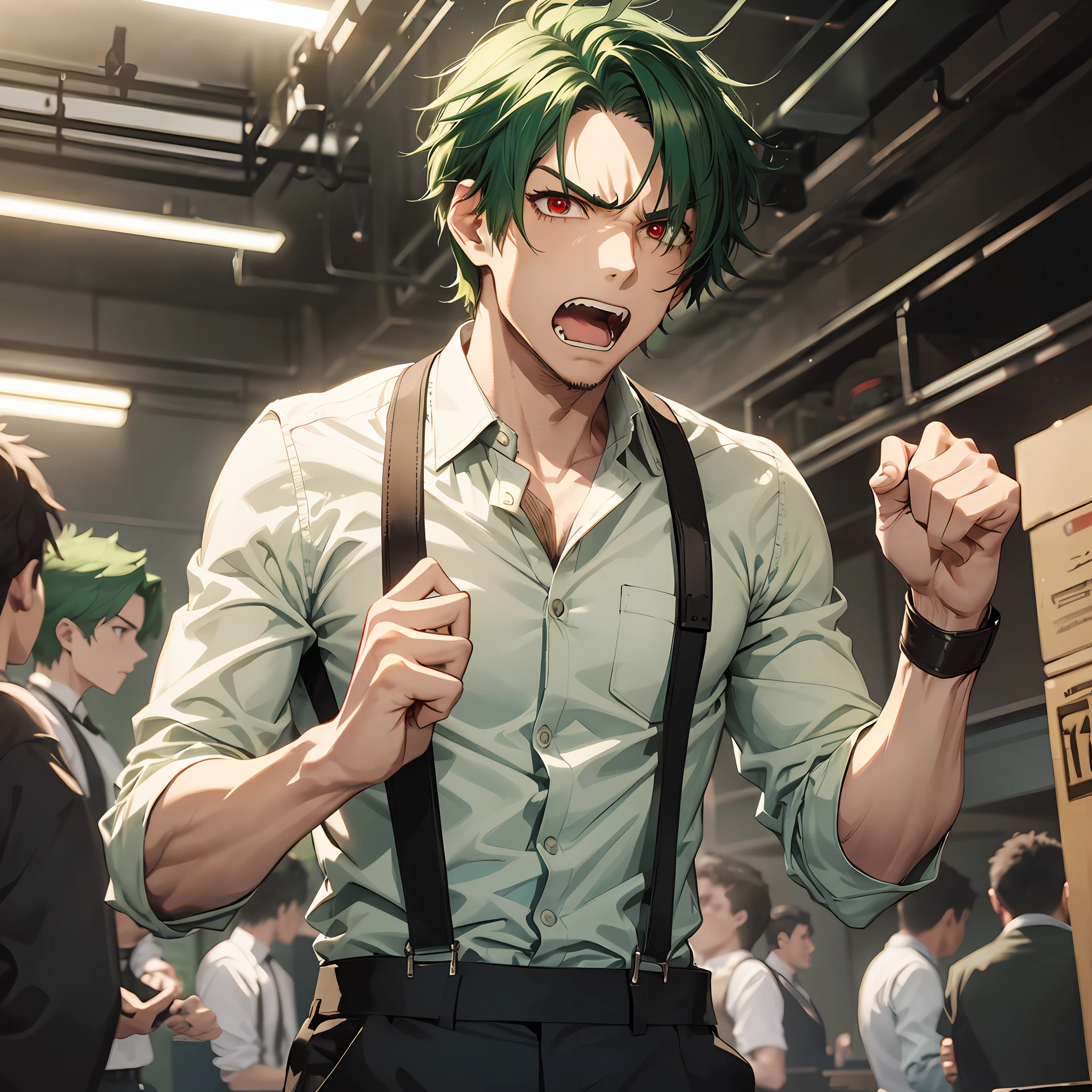 A man, short green hair, red eyes, suspenders, angry, angry, shaking fists, slapping tables, backstage,