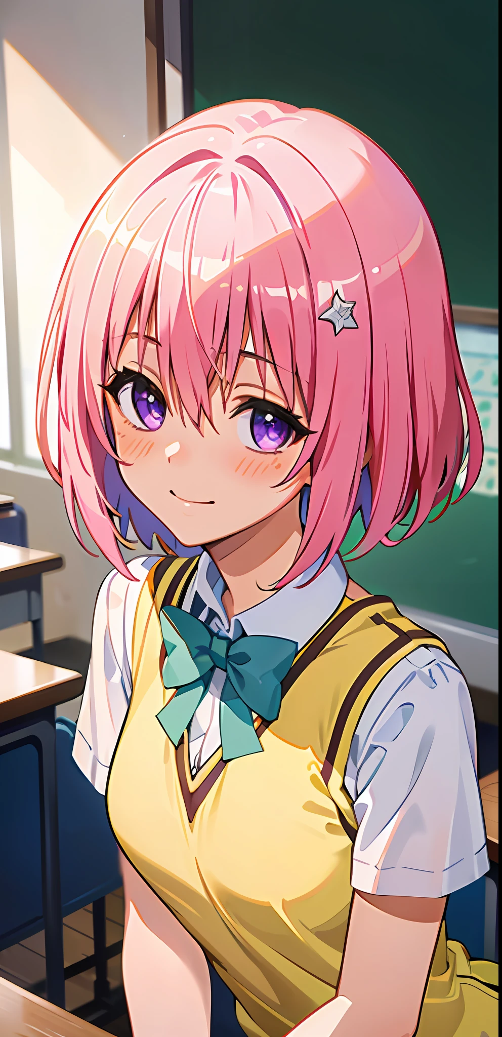 (best quality:1.1), (masterpiece:1.4), (absurdres:1.0), portrait, close up,
1girl, momo velia deviluke, hair ornament, bob cut, short hair pink hair, purple eyes, medium breasts, yellow school uniform, looking at viewer, classroom, (blush:1.2), smile,